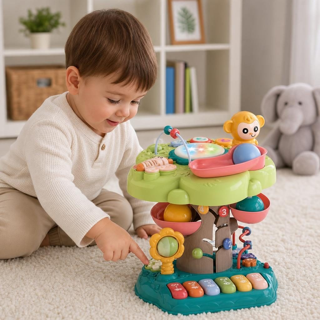 Centru De Activitati Interactiv Pentru Copii Cu Pian Si Jocuri Educative, Jucarie Multifunctionala Cu Butoane, Bile, Labirint Si Roti, Masa Activitati Cu Sunete Si Lumini, Jucarie Dezvoltare Multicolora Copii 18+ Luni