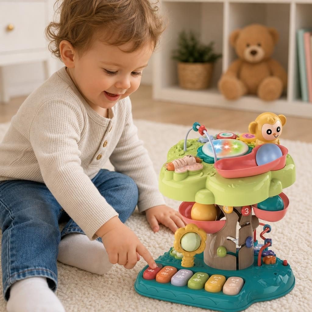 Centru De Activitati Interactiv Pentru Copii Cu Pian Si Jocuri Educative, Jucarie Multifunctionala Cu Butoane, Bile, Labirint Si Roti, Masa Activitati Cu Sunete Si Lumini, Jucarie Dezvoltare Multicolora Copii 18+ Luni