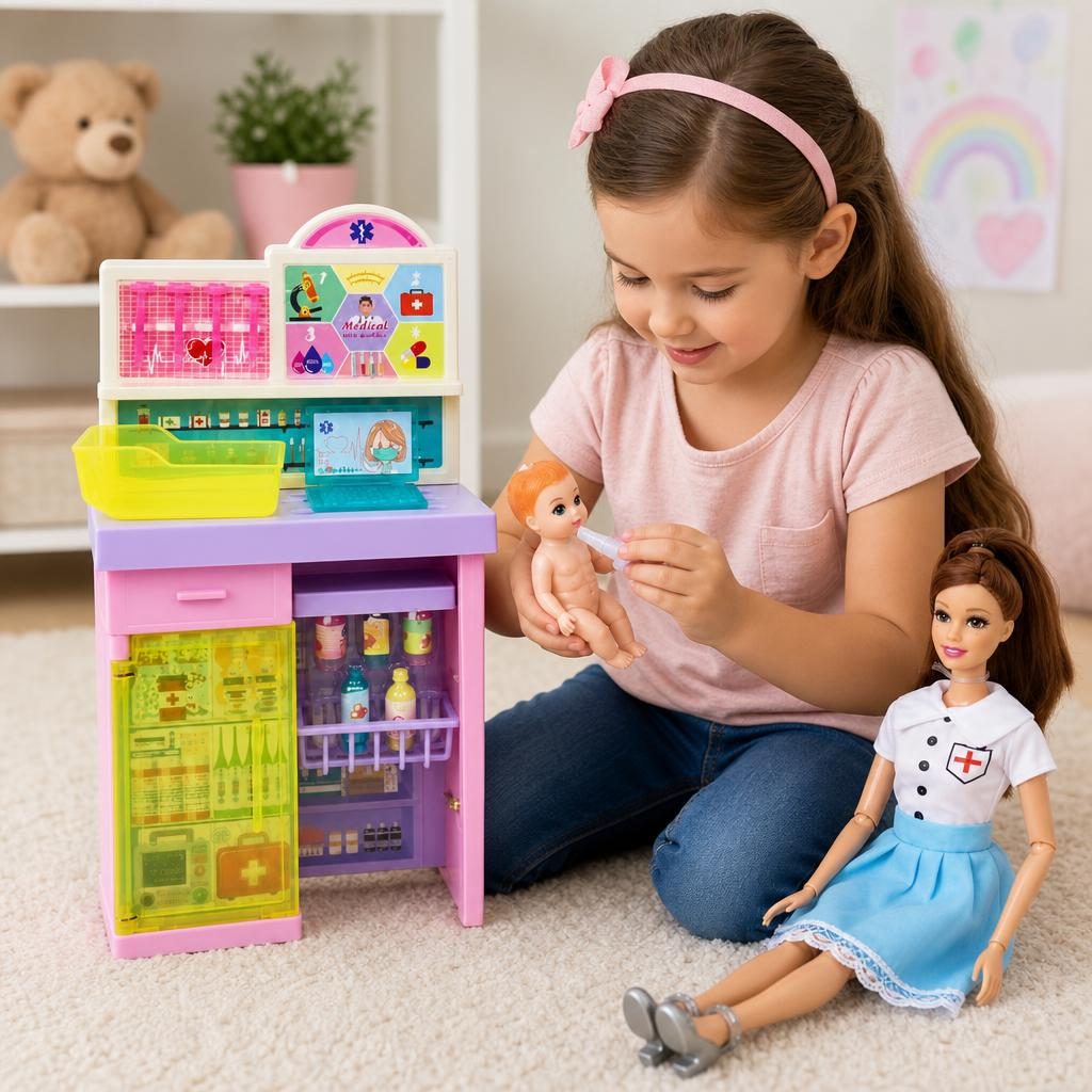 Papusa Anglinda Asistenta lui Bebe pentru Copii, Set Jucarie cu Papusa Doctorita, Bebelus si Mobilier Medical, Joc de Rol Interactiv pentru Ingrijire si Joaca, Cadou pentru Fetite si Copii 3+ Ani, Multicolor 4