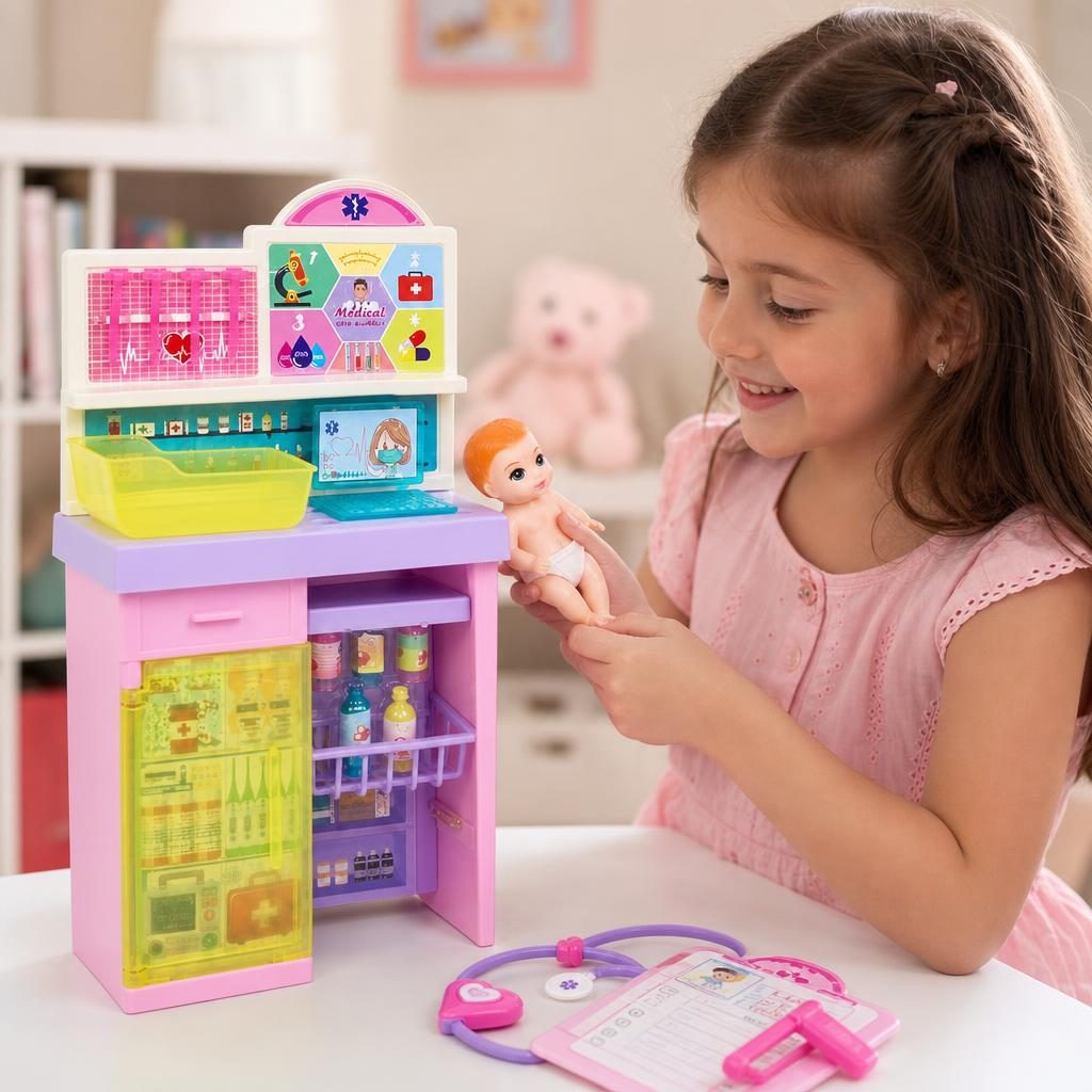 Papusa Anglinda Asistenta lui Bebe pentru Copii, Set Jucarie cu Papusa Doctorita, Bebelus si Mobilier Medical, Joc de Rol Interactiv pentru Ingrijire si Joaca, Cadou pentru Fetite si Copii 3+ Ani, Multicolor