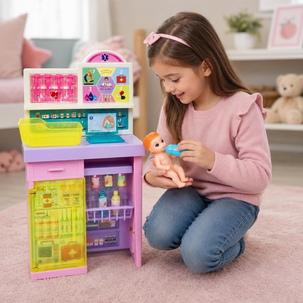Papusa Anglinda Asistenta lui Bebe pentru Copii, Set Jucarie cu Papusa Doctorita, Bebelus si Mobilier Medical, Joc de Rol Interactiv pentru Ingrijire si Joaca, Cadou pentru Fetite si Copii 3+ Ani, Multicolor 5