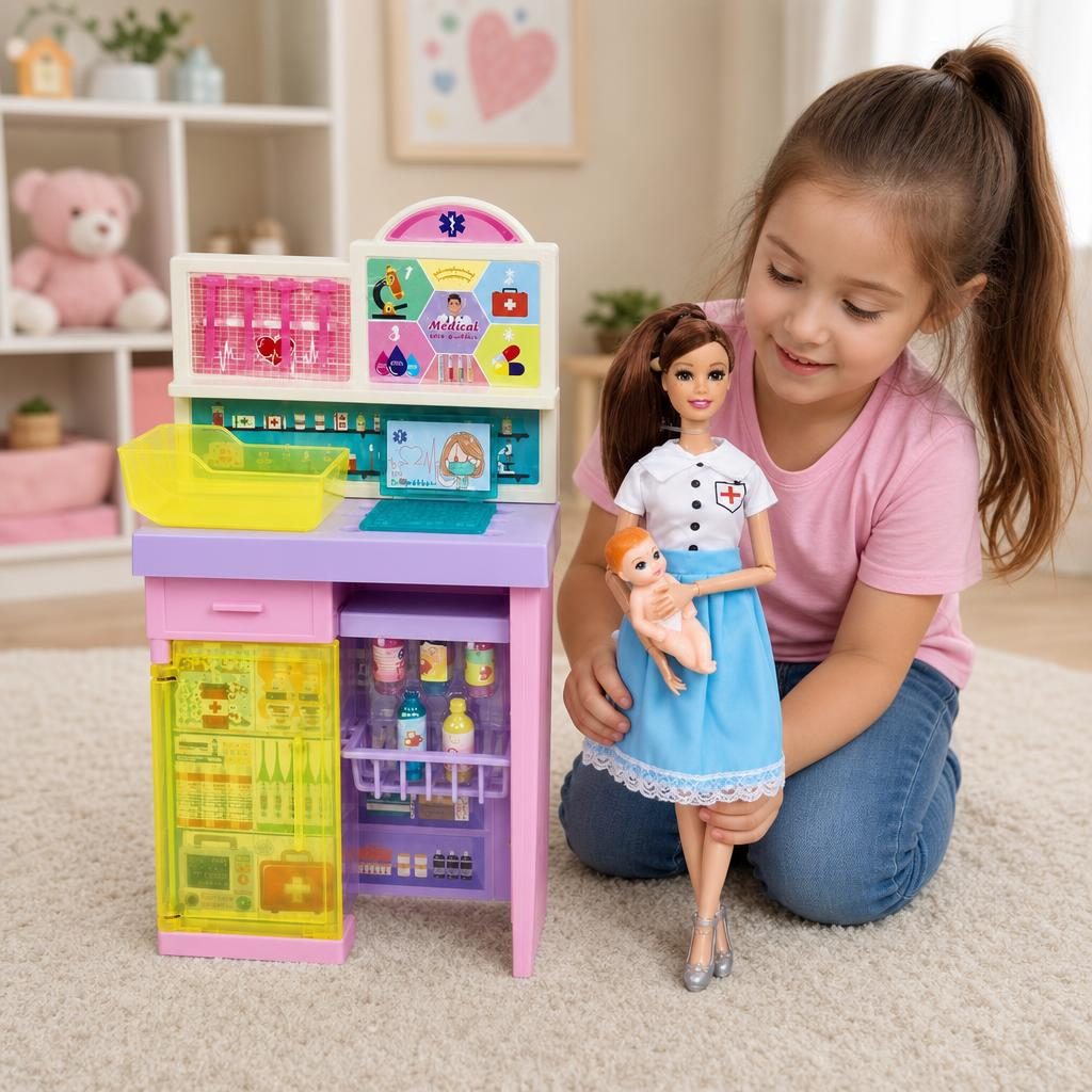 Papusa Anglinda Asistenta lui Bebe pentru Copii, Set Jucarie cu Papusa Doctorita, Bebelus si Mobilier Medical, Joc de Rol Interactiv pentru Ingrijire si Joaca, Cadou pentru Fetite si Copii 3+ Ani, Multicolor