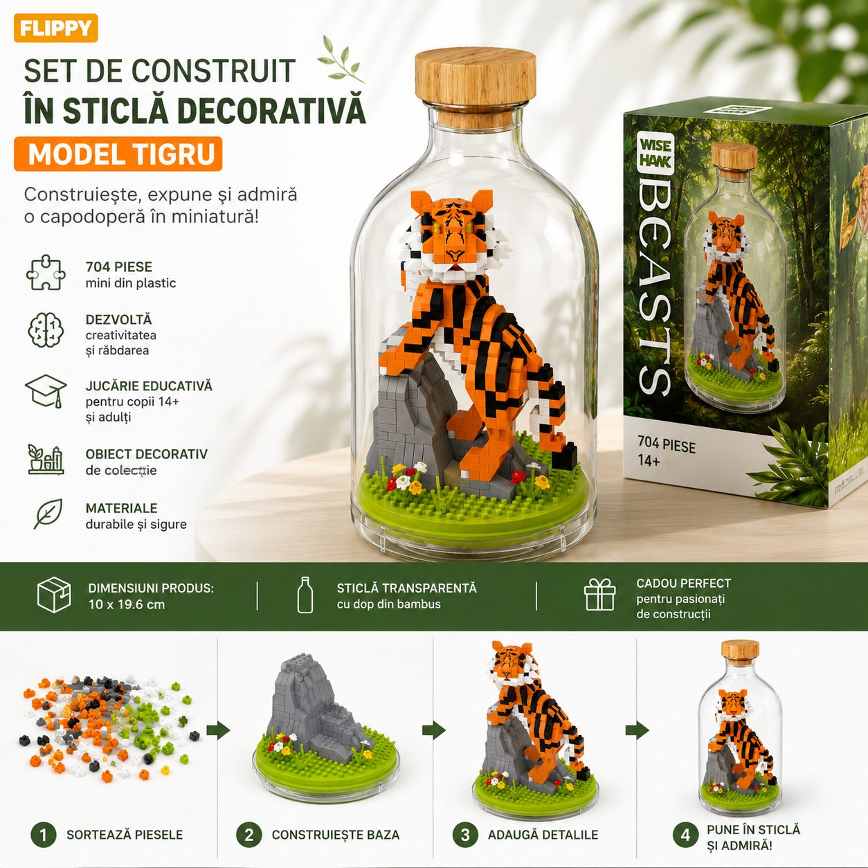 Set complet Flippy tigru în sticlă decorativă