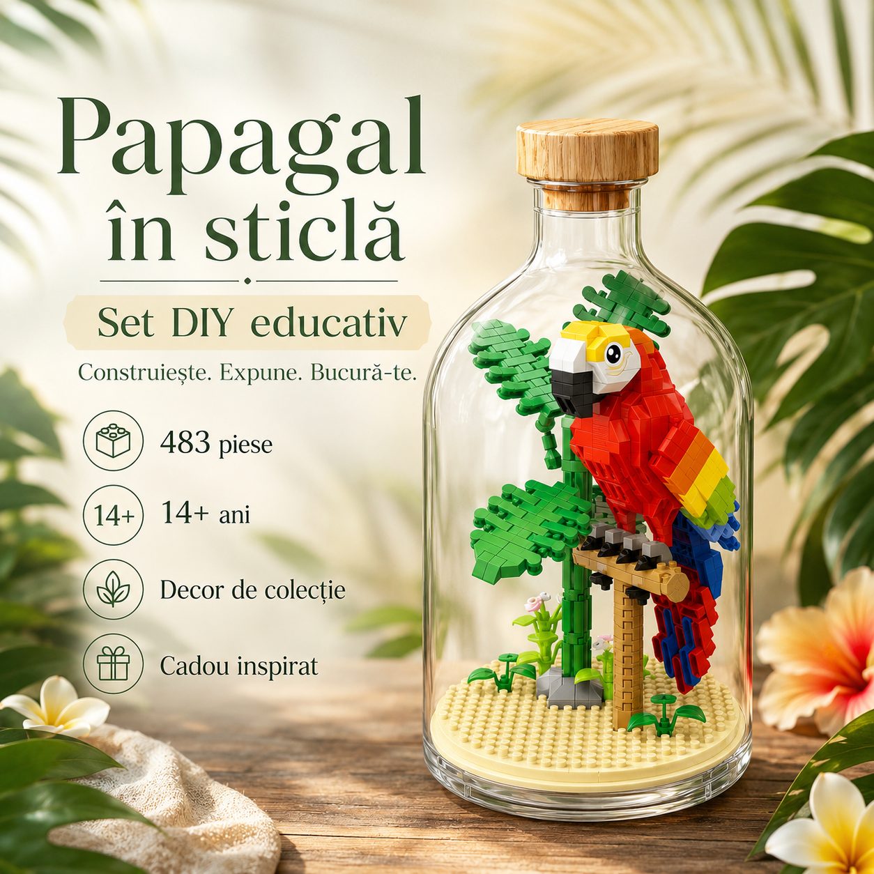 Set de Construit in Sticla, , 483 Piese, din Plastic, +14 Ani, 10 x 19.6 cm, Model Papagal, Multicolor 1