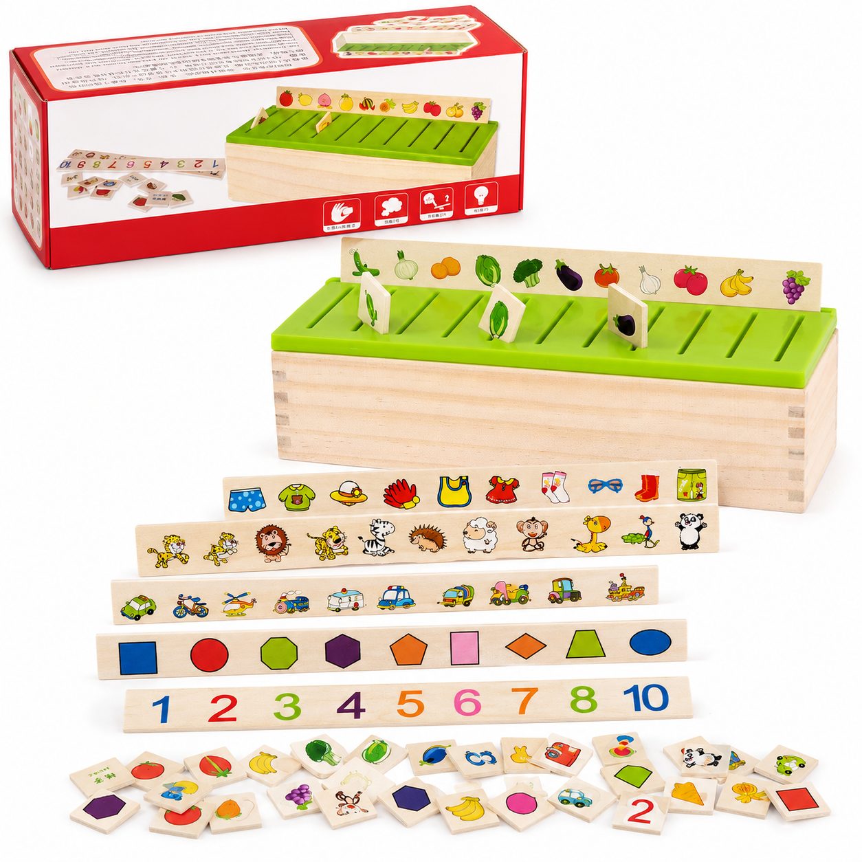 Jucarie Educativa din Lemn, , Cutie de Sortare si Clasificare, Carduri cu Imagini, Cifre si Forme, Dezvolta Logica si Asocierea, Multicolor 1