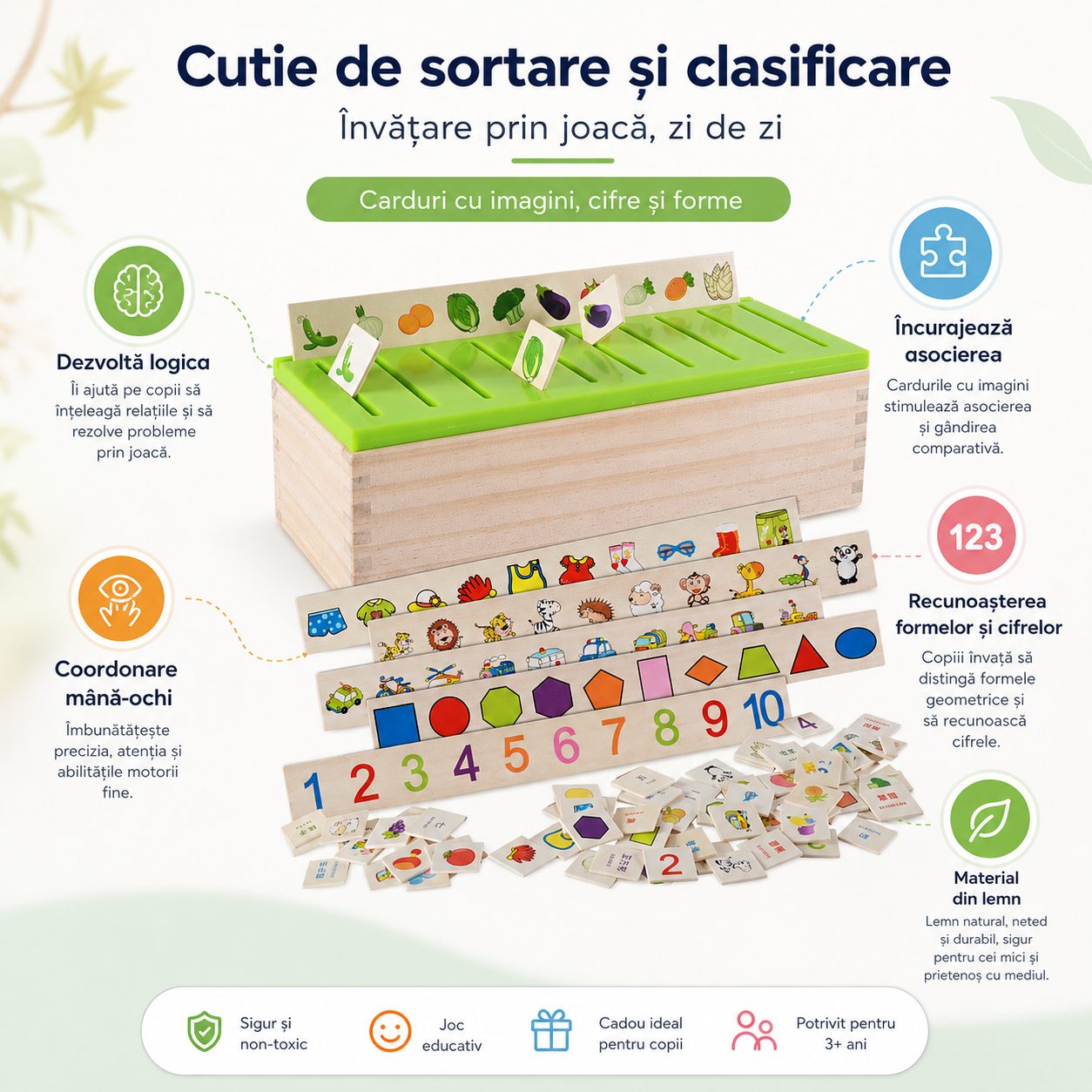 Jucarie Educativa din Lemn, , Cutie de Sortare si Clasificare, Carduri cu Imagini, Cifre si Forme, Dezvolta Logica si Asocierea, Multicolor 3