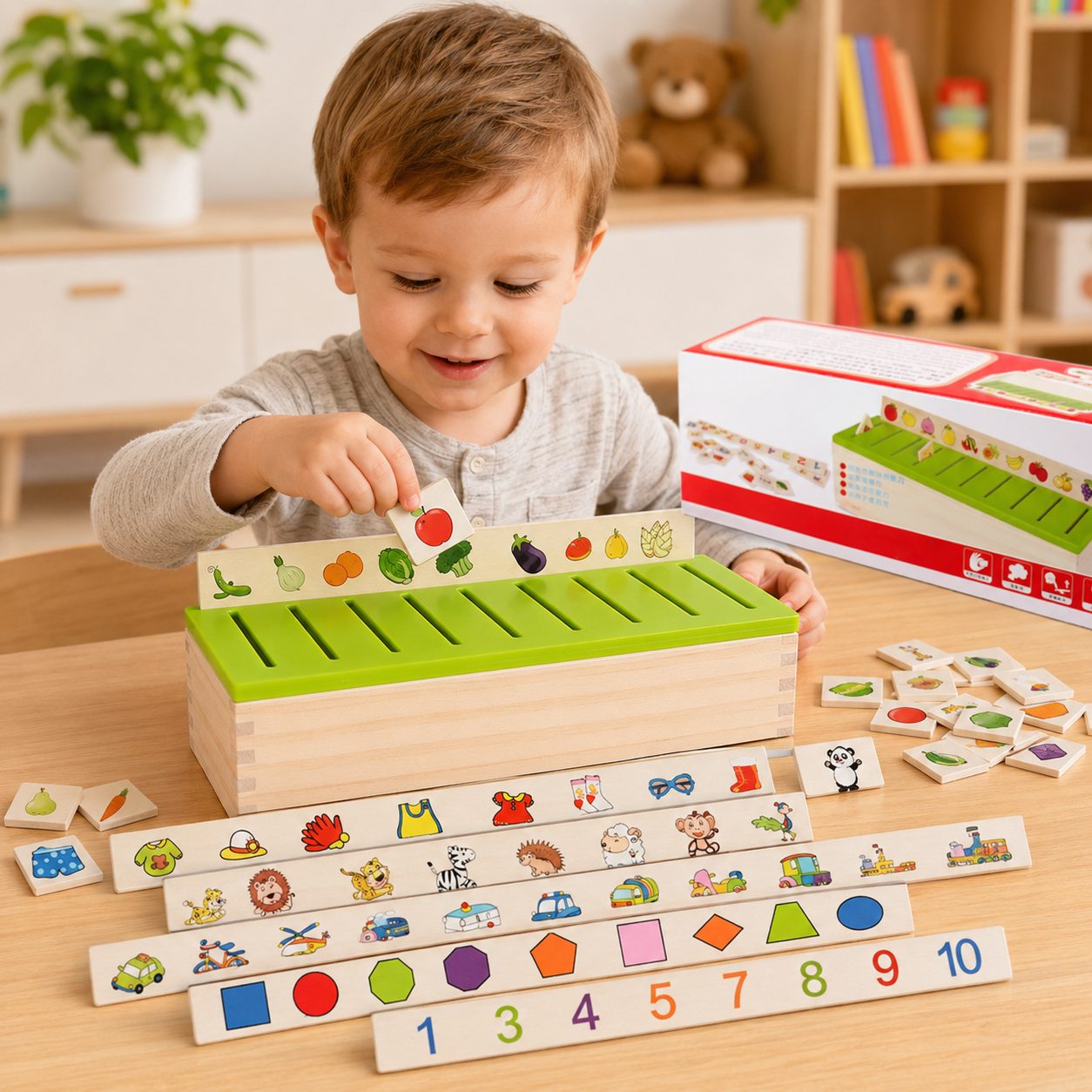 Jucarie Educativa din Lemn, , Cutie de Sortare si Clasificare, Carduri cu Imagini, Cifre si Forme, Dezvolta Logica si Asocierea, Multicolor 2
