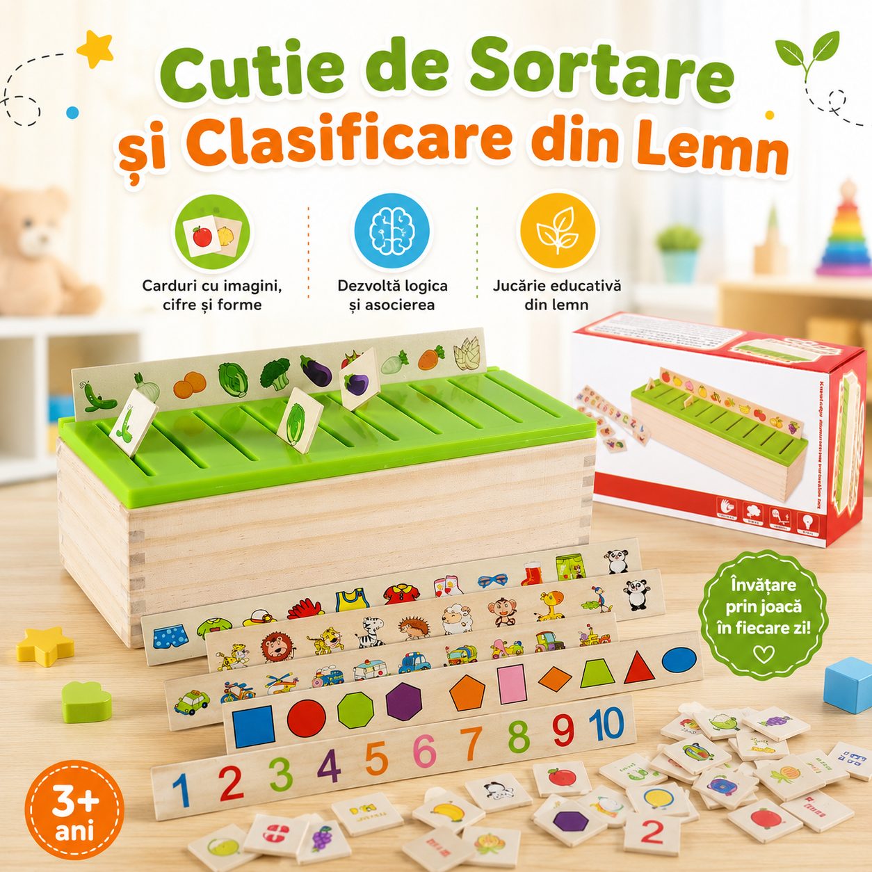 Jucarie Educativa din Lemn, , Cutie de Sortare si Clasificare, Carduri cu Imagini, Cifre si Forme, Dezvolta Logica si Asocierea, Multicolor 4