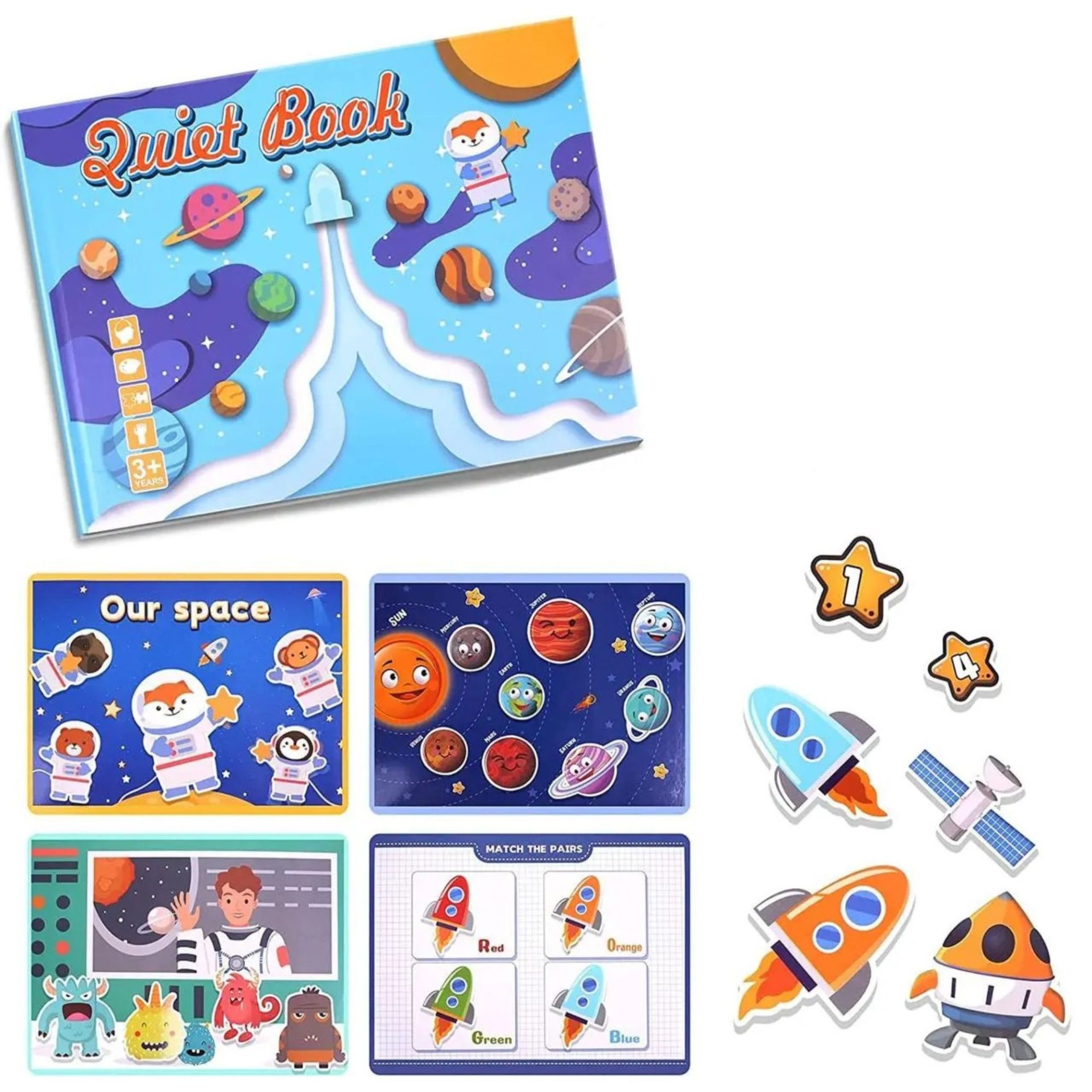 Carte Educativa cu Stickere Reutilizabile, , Quiet Book Senzoriala cu Pagini Interactive , Joc Montessori, Seria ''Explorarea Spatiului'', Dezvolta Motricitatea Fina si Logica, Quiet Book pentru Invatare Timpurie, 3 ani, Multicolor 1