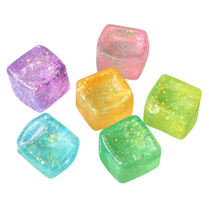 Jucarie Squishy tip Needoh in Forma de Cub, , Model Sclipici, Antistres Senzoriala Comprimabila cu Revenire Lenta, 4.5x4.5x4.5 cm, 110 g, Culoare Mix 2