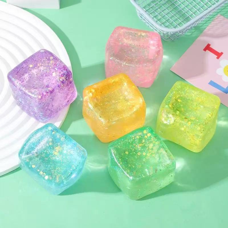 Jucarie Squishy tip Needoh in Forma de Cub, , Model Sclipici, Antistres Senzoriala Comprimabila cu Revenire Lenta, 4.5x4.5x4.5 cm, 110 g, Culoare Mix 3