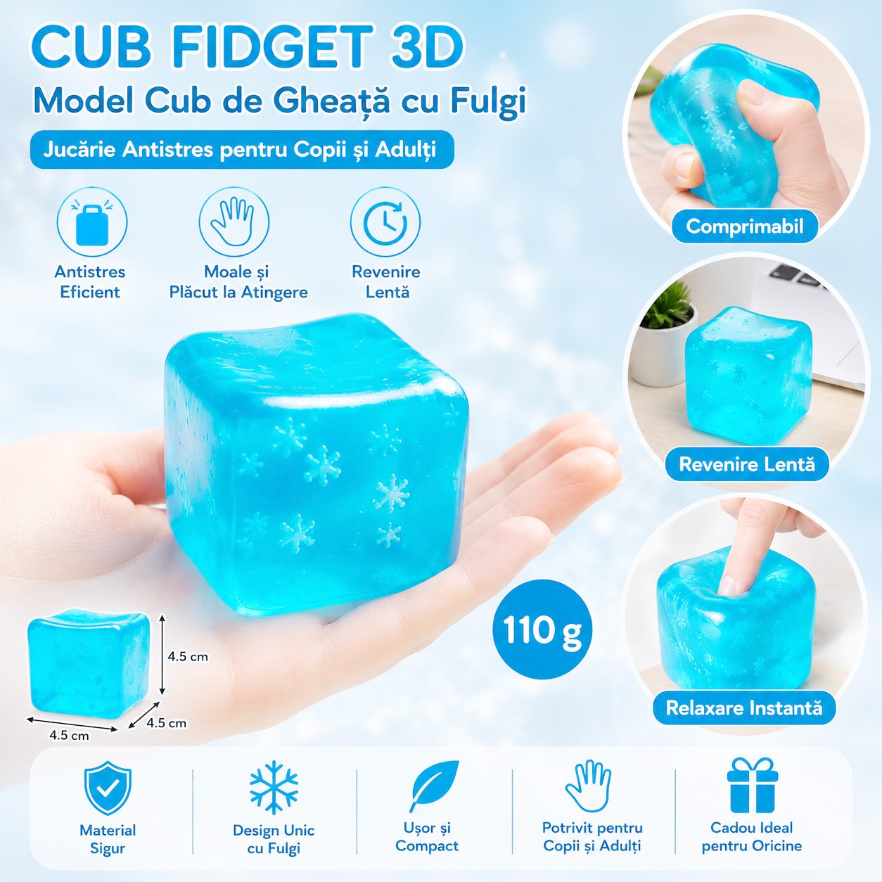 Jucarie Squishy tip Needoh in Forma de Cub, , Model Cub de Gheata cu Fulgi, Antistres Senzoriala Comprimabila cu Revenire Lenta, 4.5x4.5x4.5 cm, 110 g, Albastru 4