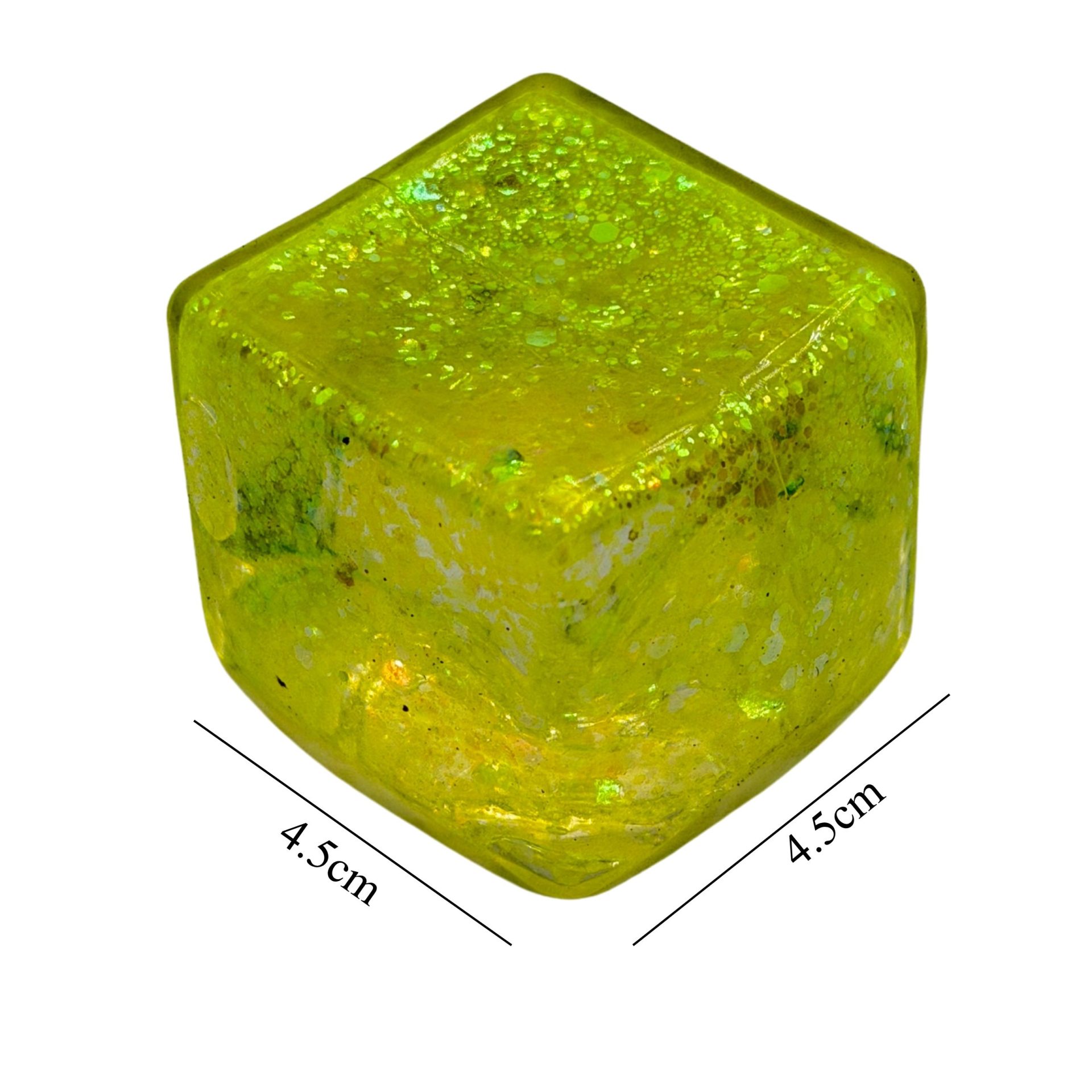 Jucarie Squishy tip Needoh in Forma de Cub, , Model Ice Cube cu Sclipici Magic, Antistres Senzoriala Comprimabila cu Revenire Lenta, 4.5x4.5 cm, 110 g, Galben 2
