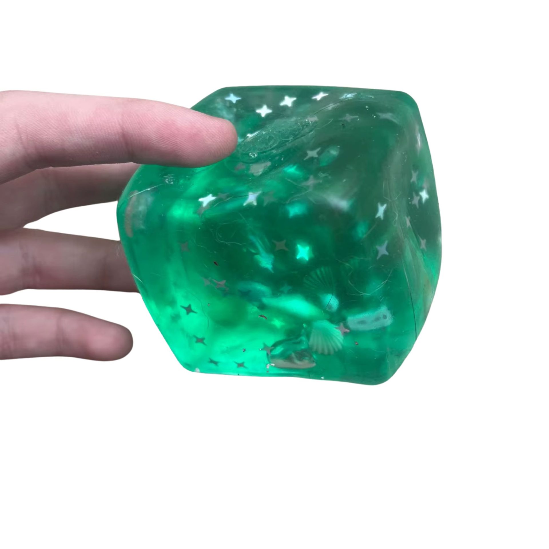 Jucarie Squishy tip Needoh in Forma de Cub, , Model Cub de Gheata cu Stele Maritime, Antistres Senzoriala Comprimabila cu Revenire Lenta, 4.5x4.5x4.5 cm, 110 g, Verde 5