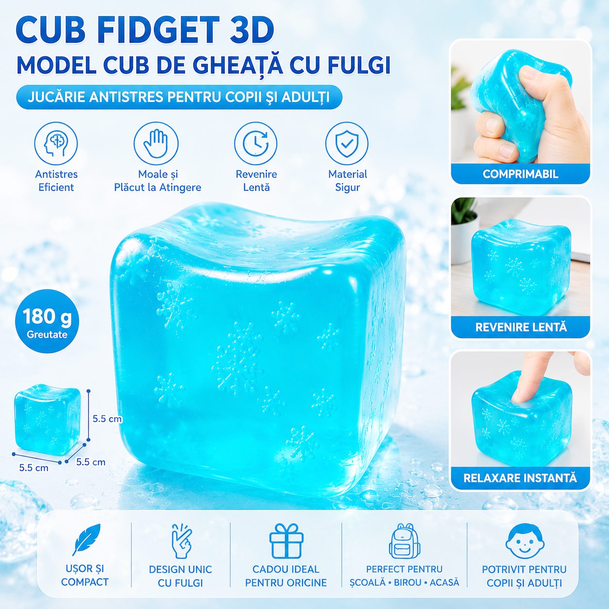Jucarie Squishy tip Needoh in Forma de Cub, , Model Cub de Gheata cu Fulgi, Antistres Senzoriala Comprimabila cu Revenire Lenta, 5.5x5.5x5.5 cm, 180 g, Albastru 4