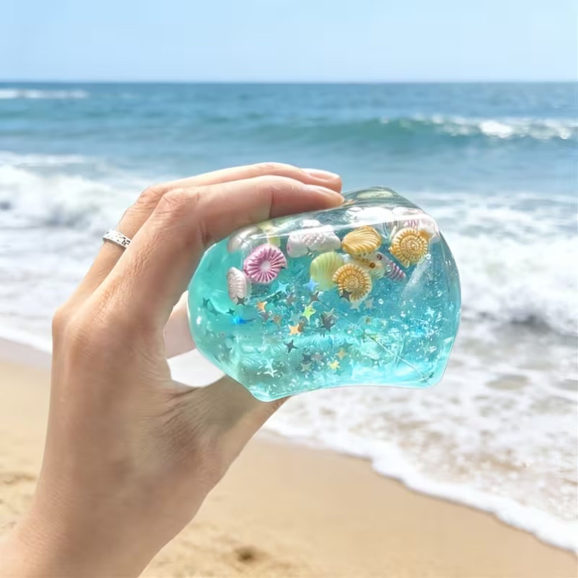 Jucarie Squishy tip Needoh in Forma de Cub, , Model Cub de Gheata cu Stele Maritime, Antistres Senzoriala Comprimabila cu Revenire Lenta, 5.5x5.5x5.5 cm, 180 g, Albastru 4