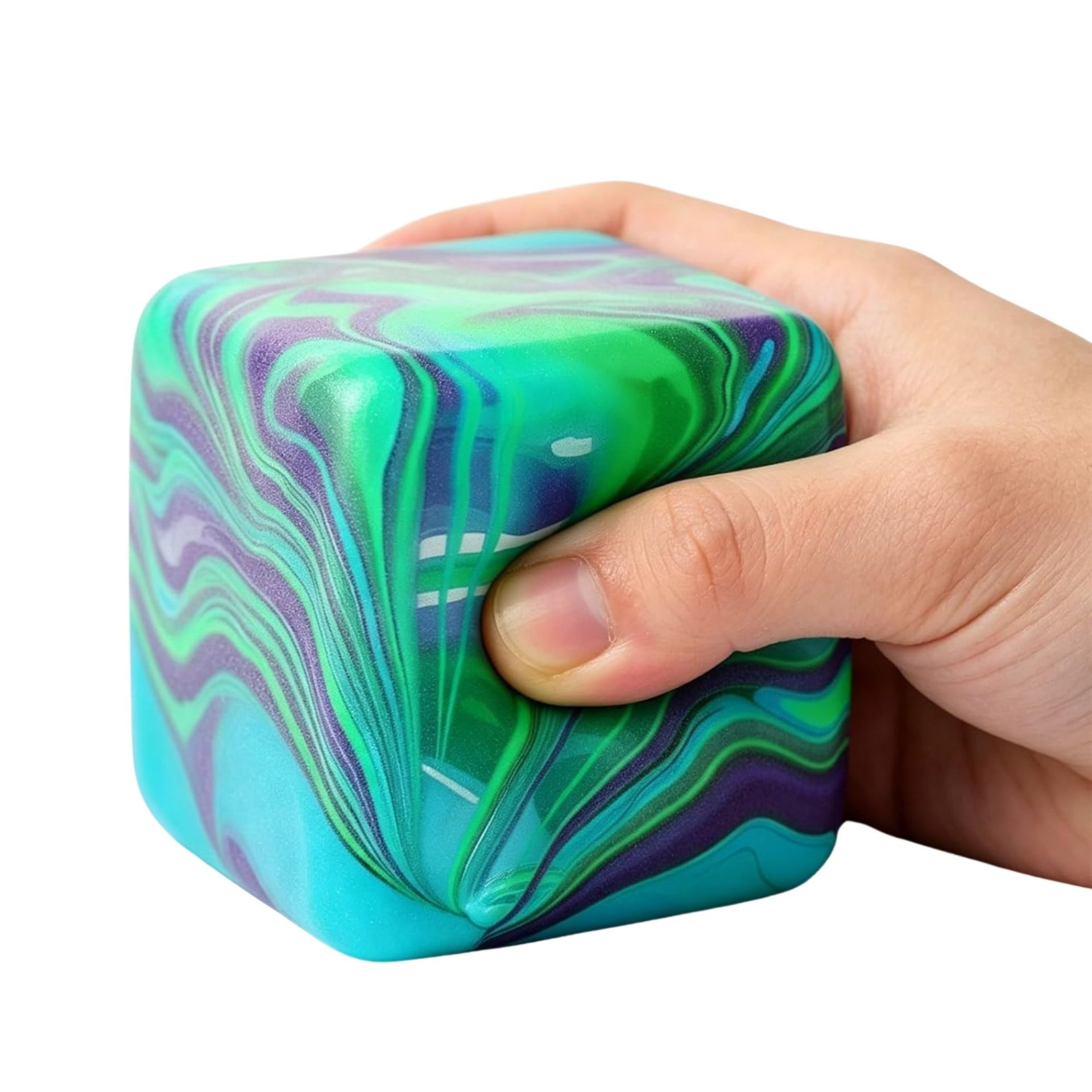 Jucarie Squishy tip Needoh in Forma de Cub de Gheata, , Model Linii Flow din Maltoza, Antistres Senzoriala Comprimabila cu Revenire Lenta, 5.5x5.5x5.5 cm, 180 g, Verde 4