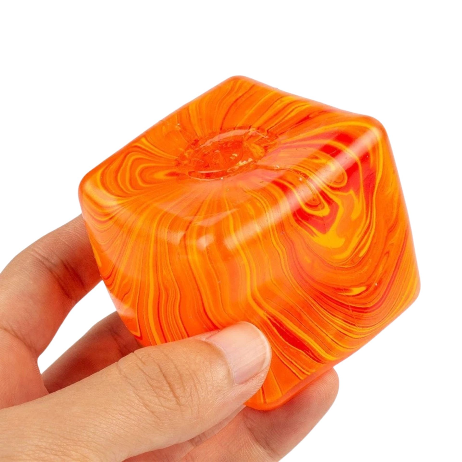 Jucarie Squishy tip Needoh in Forma de Cub de Gheata, , Model Linii Flow din Maltoza, Antistres Senzoriala Comprimabila cu Revenire Lenta, 5.5x5.5x5.5 cm, 180 g, Portocaliu 4