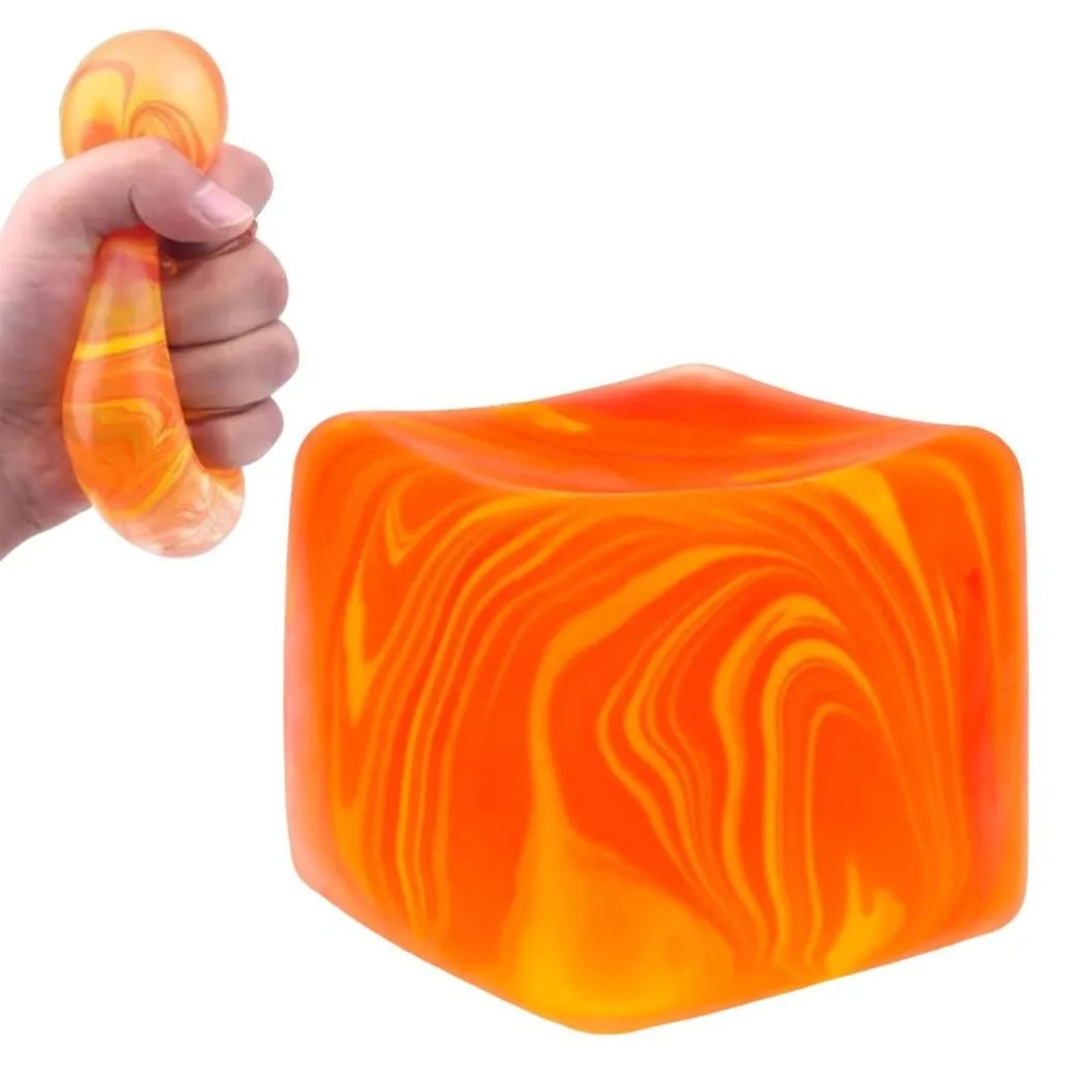 Jucarie Squishy tip Needoh in Forma de Cub de Gheata, , Model Linii Flow din Maltoza, Antistres Senzoriala Comprimabila cu Revenire Lenta, 5.5x5.5x5.5 cm, 180 g, Portocaliu 5
