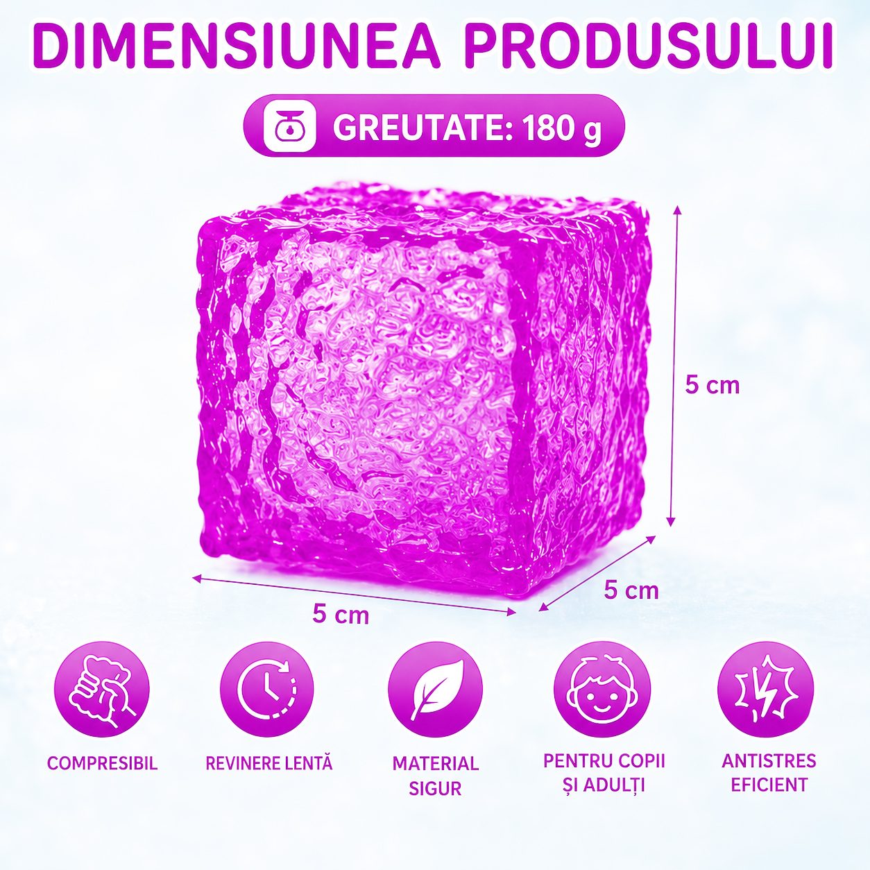 Jucarie Squishy tip Needoh in Forma de Cub, , Model cu Striatii, Antistres Senzoriala Comprimabila cu Revenire, 5x5x5 cm, 180 g, Mov 3
