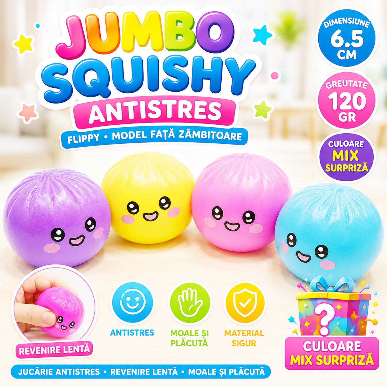Jucarie Dumpling Squishy Antistres, , Model Fata Zambitoare, Small Crystal Emoji Bun, 6.5 cm, 120 gr, Culoare Mix Surpriza 3