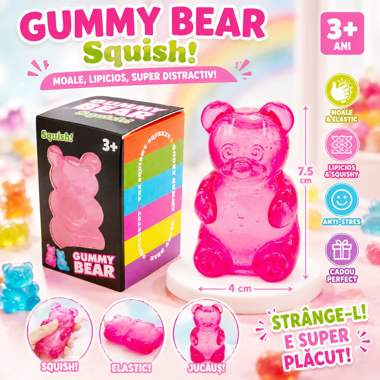 Jucarie Squishy Dumpling in Forma de Urs, , Model Gummy Bear, Antistres Senzoriala Comprimabila cu Revenire, 4x4x7.5 cm, 80 g, Roz 2