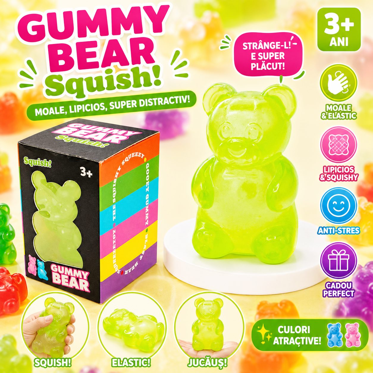Jucarie Squishy Dumpling in Forma de Urs, , Model Gummy Bear, Antistres Senzoriala Comprimabila cu Revenire, 4x4x7.5 cm, 80 g, Verde 2