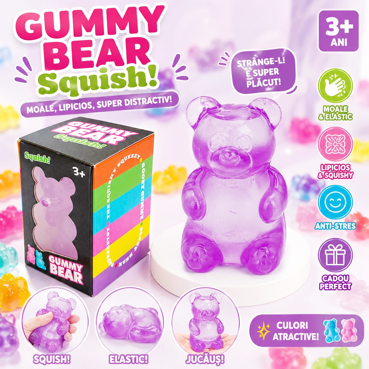 Jucarie Squishy Dumpling in Forma de Urs, , Model Gummy Bear, Antistres Senzoriala Comprimabila cu Revenire, 4x4x7.5 cm, 80 g, Mov 2