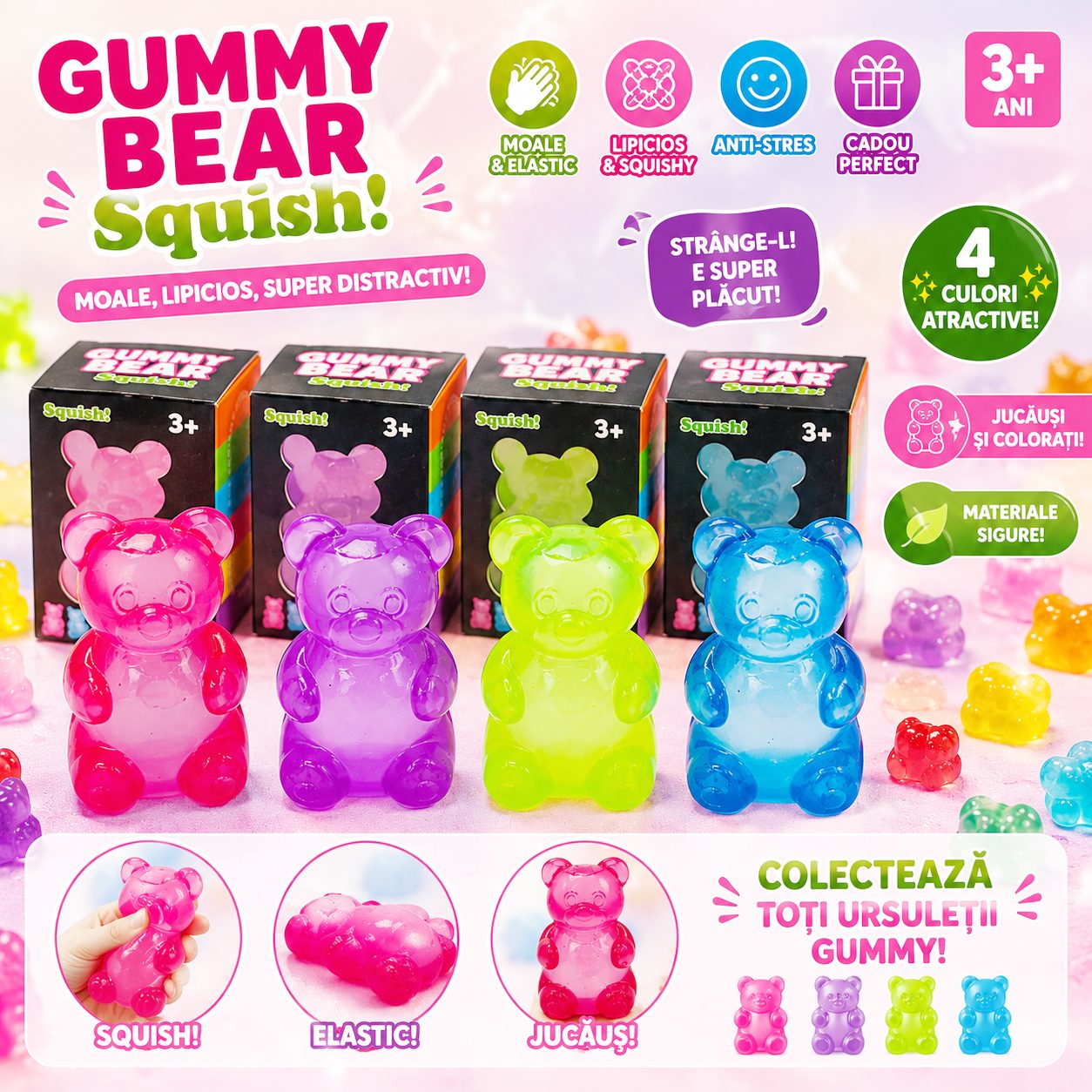 Jucarie Squishy Dumpling in Forma de Urs, , Model Gummy Bear, Antistres Senzoriala Comprimabila cu Revenire, 4x4x7.5 cm, 80 g, Albastru 3