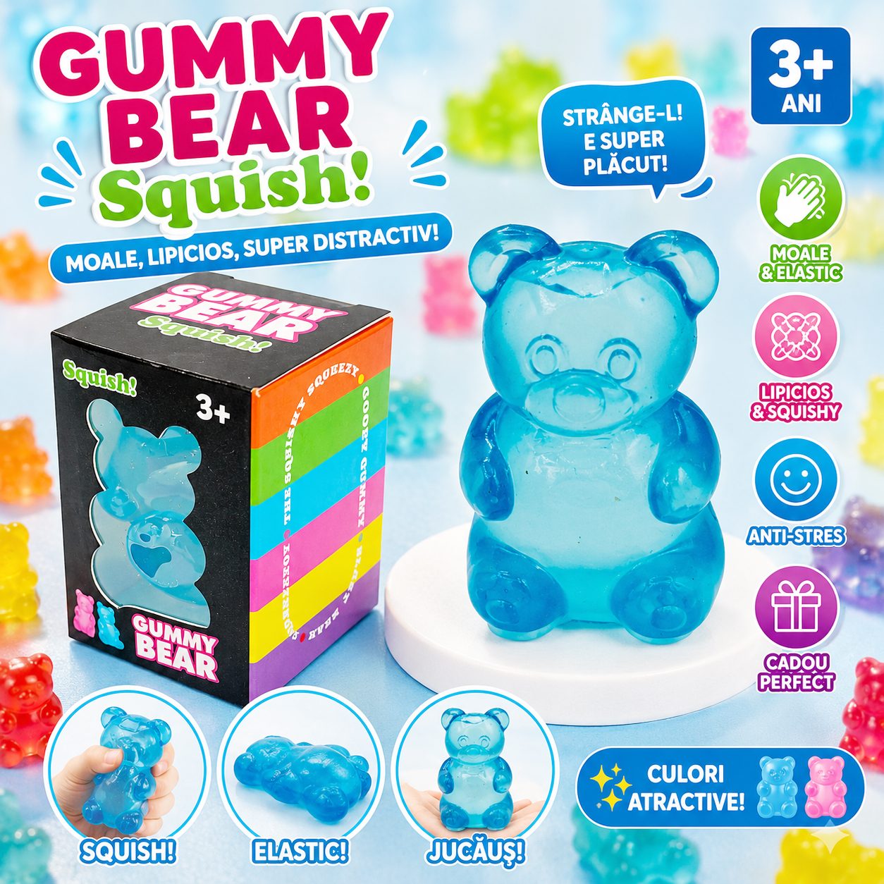 Jucarie Squishy Dumpling in Forma de Urs, , Model Gummy Bear, Antistres Senzoriala Comprimabila cu Revenire, 4x4x7.5 cm, 80 g, Albastru 2