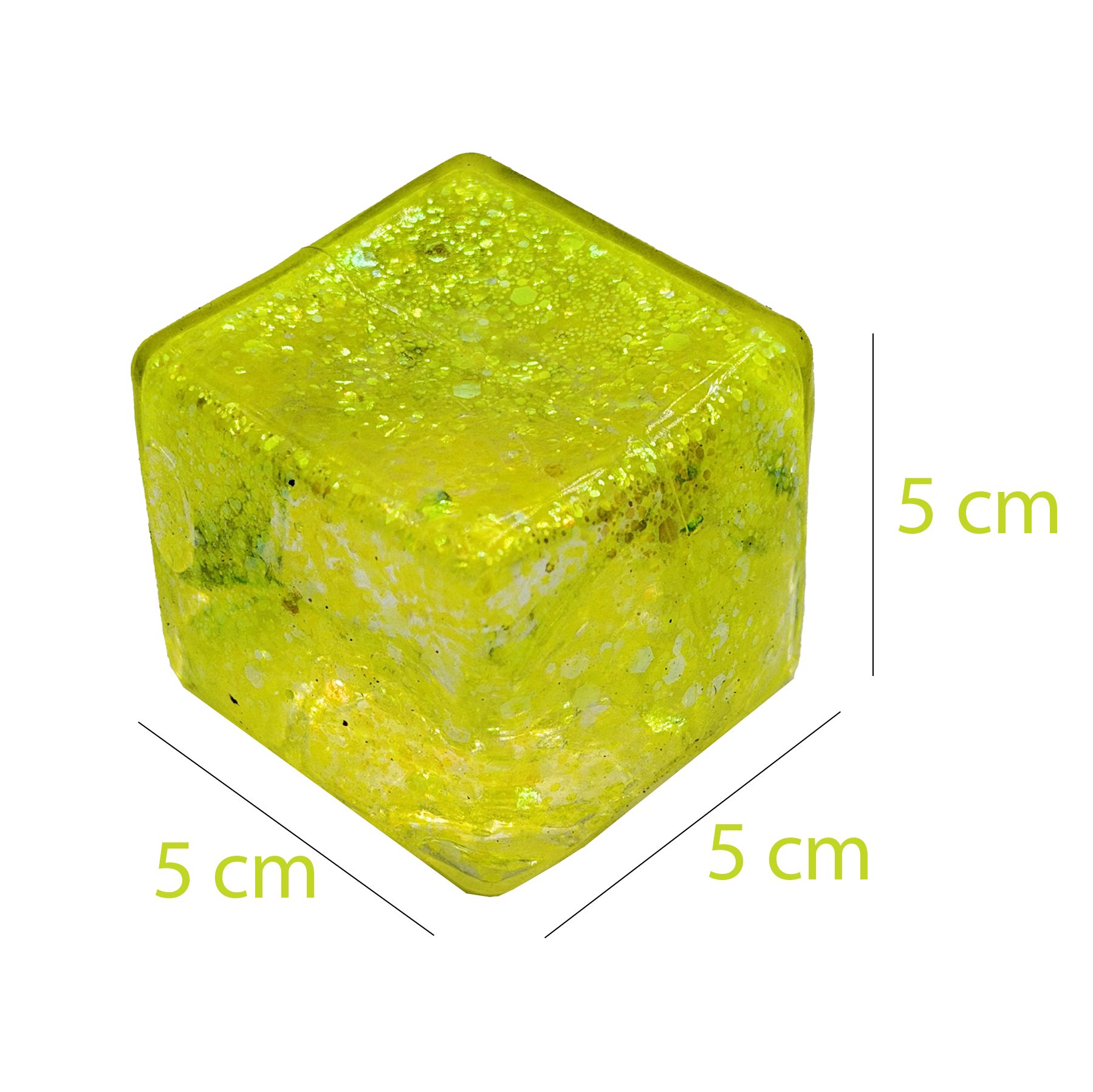 Jucarie Squishy tip Needoh in Forma de Cub, , Model Squish Stretch Ball cu Sclipici, Antistres Senzoriala Comprimabila cu Revenire Lenta, 5x5x5 cm, 150 g, Galben 4