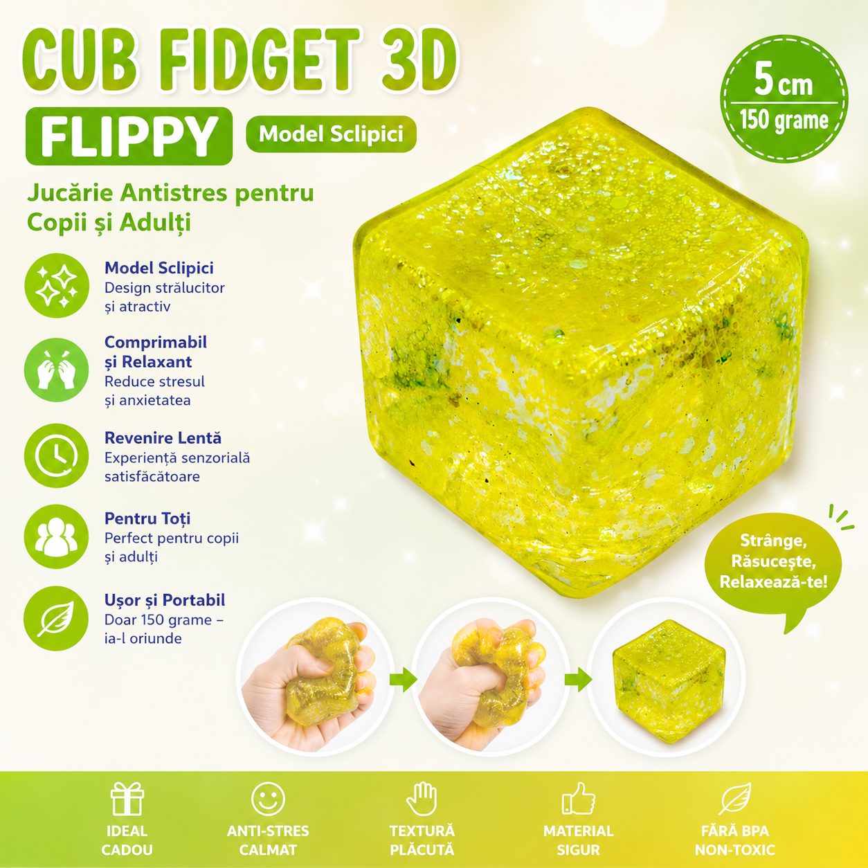 Jucarie Squishy tip Needoh in Forma de Cub, , Model Squish Stretch Ball cu Sclipici, Antistres Senzoriala Comprimabila cu Revenire Lenta, 5x5x5 cm, 150 g, Galben 3