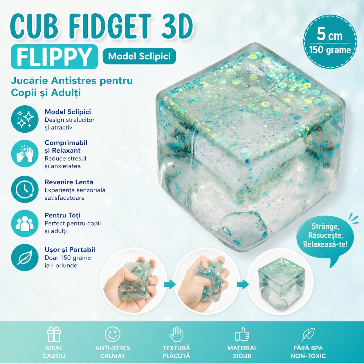 Jucarie Squishy tip Needoh in Forma de Cub, , Model Squish Stretch Ball cu Sclipici, Antistres Senzoriala Comprimabila cu Revenire Lenta, 5x5x5 cm, 150 g, Albastru 3