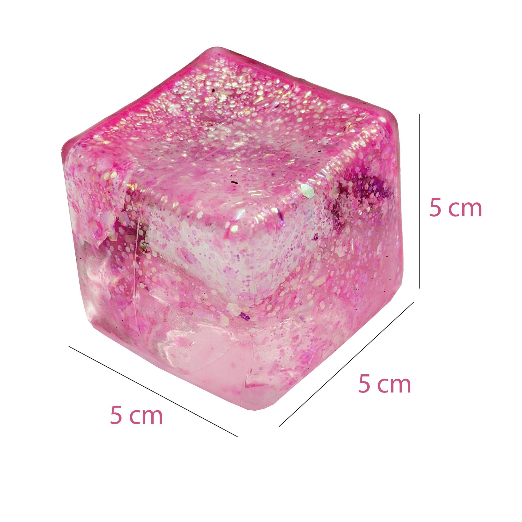 Jucarie Squishy tip Needoh in Forma de Cub, , Model Squish Stretch Ball cu Sclipici, Antistres Senzoriala Comprimabila cu Revenire Lenta, 5x5x5 cm, 150 g, Roz 4