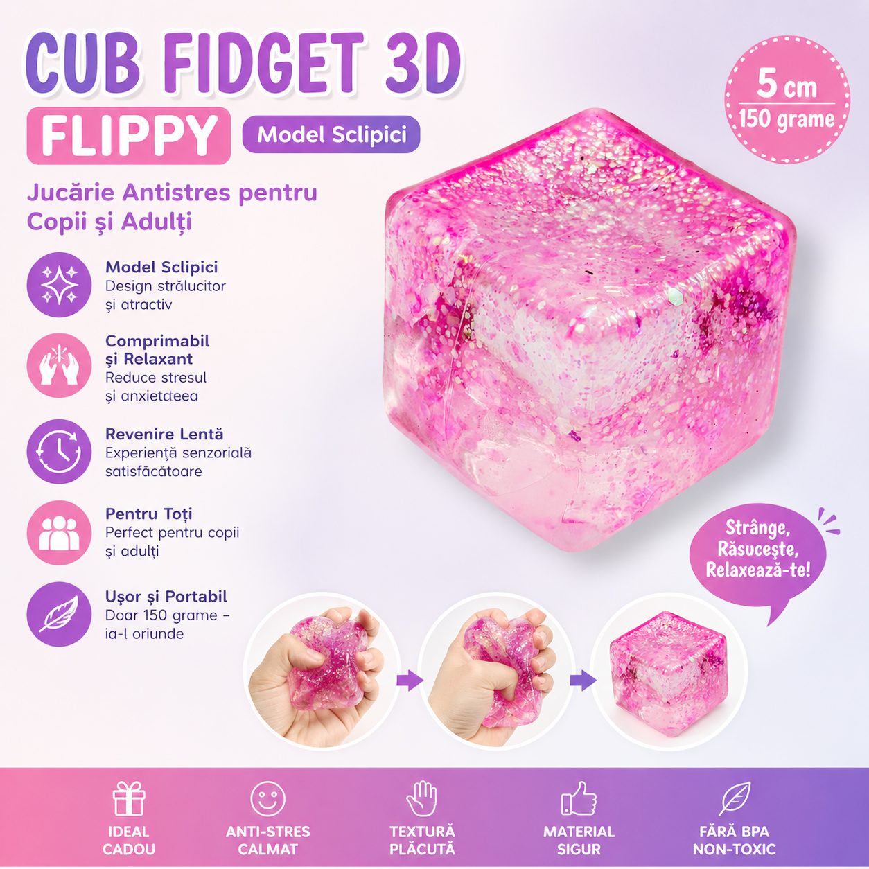 Jucarie Squishy tip Needoh in Forma de Cub, , Model Squish Stretch Ball cu Sclipici, Antistres Senzoriala Comprimabila cu Revenire Lenta, 5x5x5 cm, 150 g, Roz 3