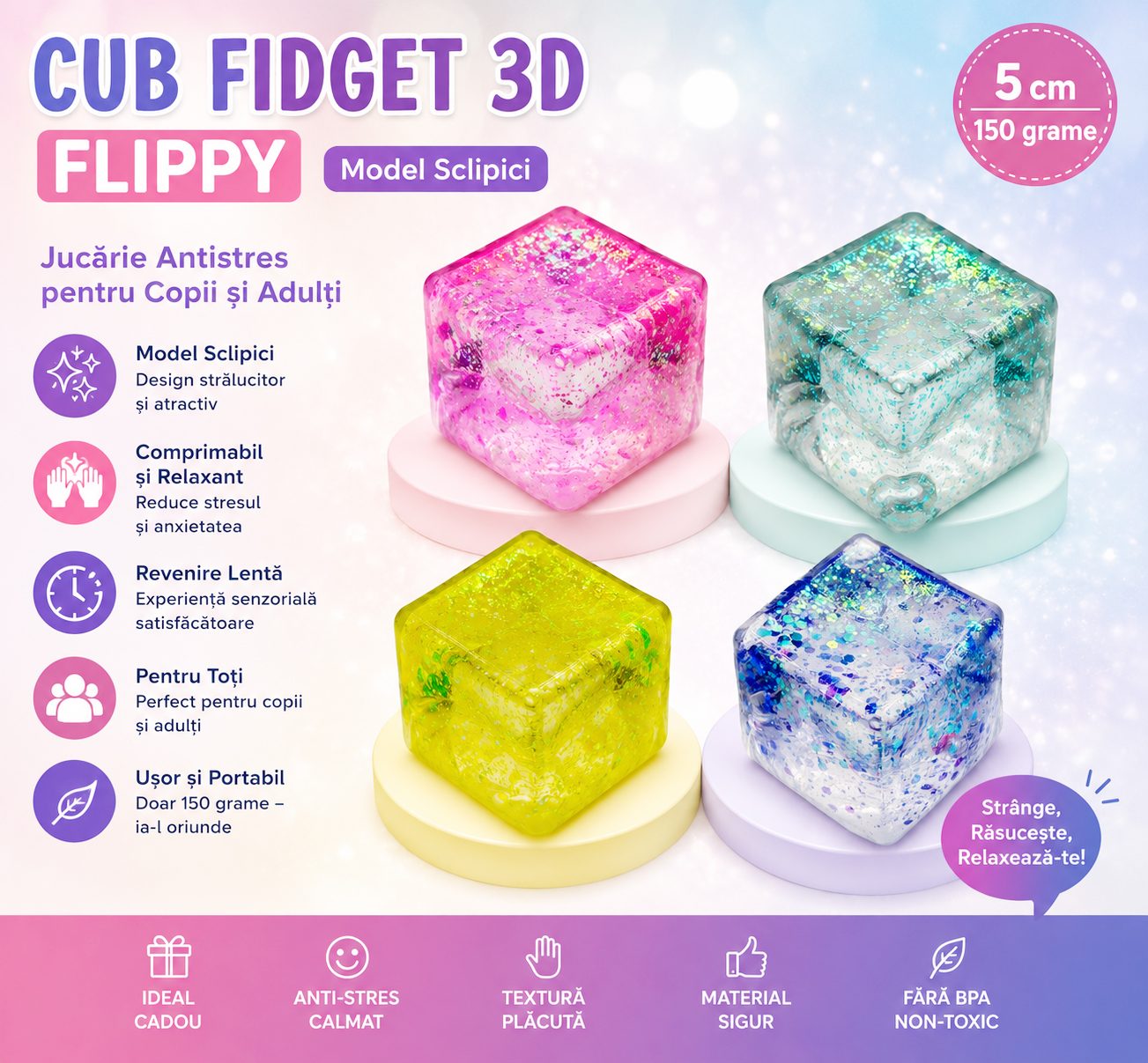 Jucarie Squishy tip Needoh in Forma de Cub, , Model Squish Stretch Ball cu Sclipici, Antistres Senzoriala Comprimabila cu Revenire Lenta, 5x5x5 cm, 150 g, Roz 5