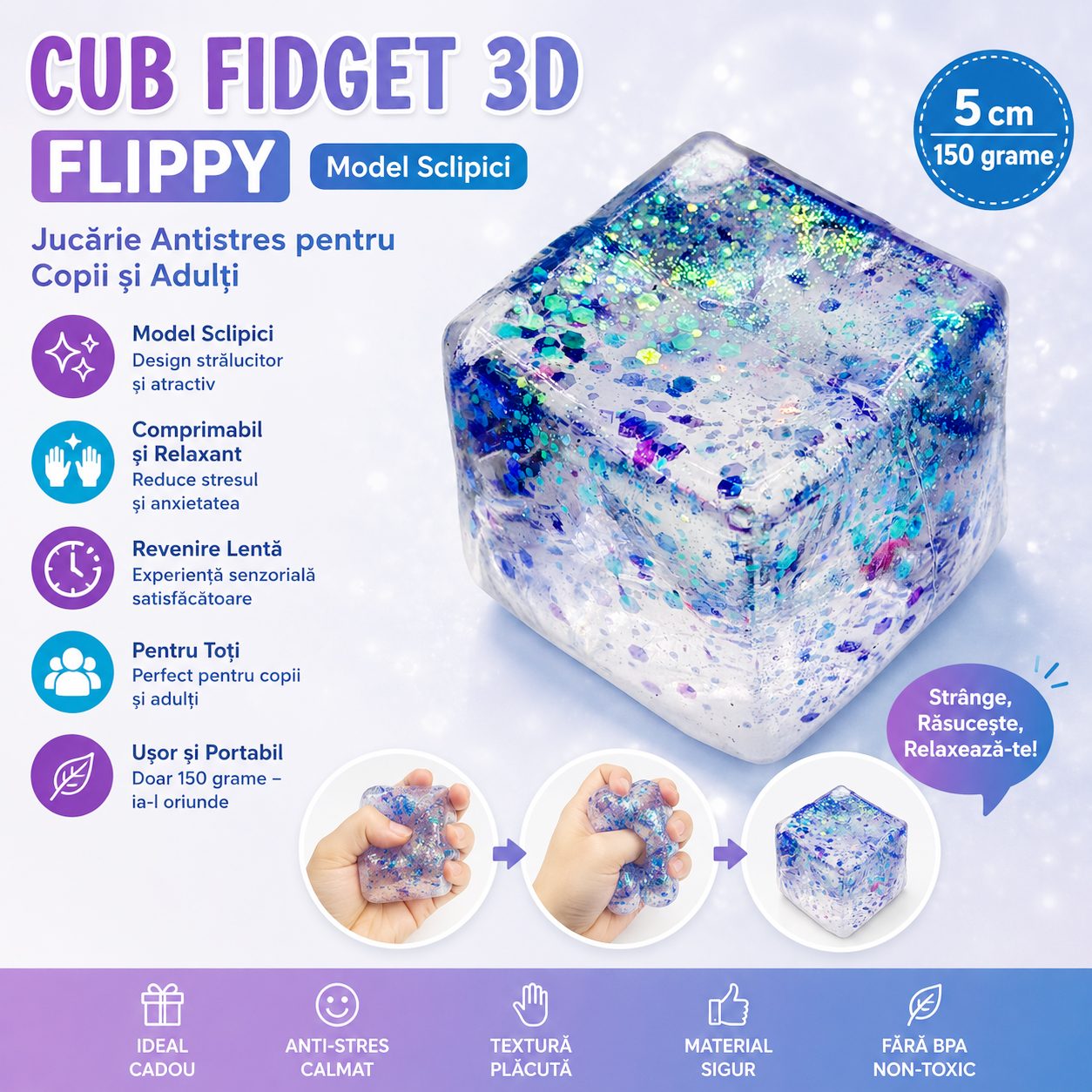 Jucarie Squishy tip Needoh in Forma de Cub, , Model Squish Stretch Ball cu Sclipici, Antistres Senzoriala Comprimabila cu Revenire Lenta, 5x5x5 cm, 150 g, Mov 3
