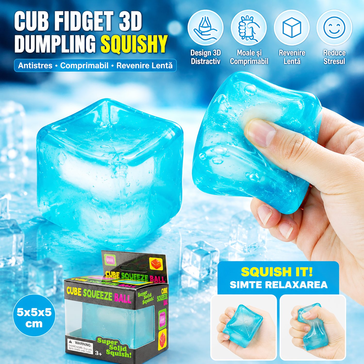 Jucarie Squishy tip Needoh in Forma de Cub, , Model Cub de Gheata Transparent, Antistres Senzoriala Comprimabila cu Revenire, 5x5x5 cm, 135 g, Albastru 2