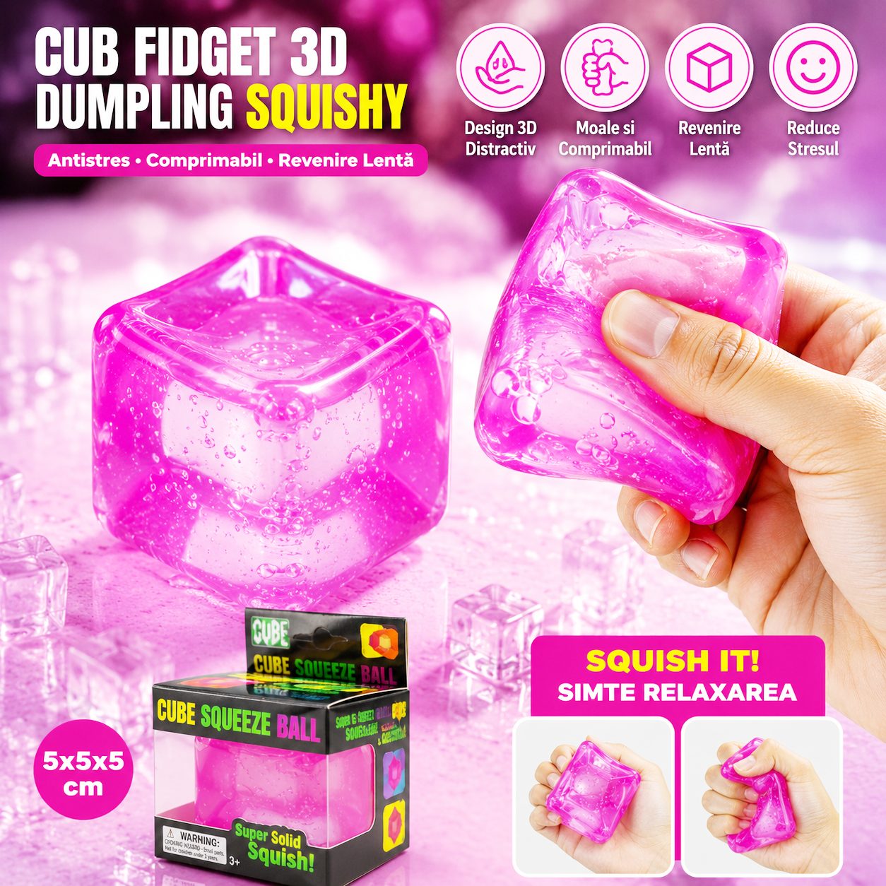 Jucarie Squishy tip Needoh in Forma de Cub, , Model Cub de Gheata Transparent, Antistres Senzoriala Comprimabila cu Revenire, 5x5x5 cm, 135 g, Roz 2