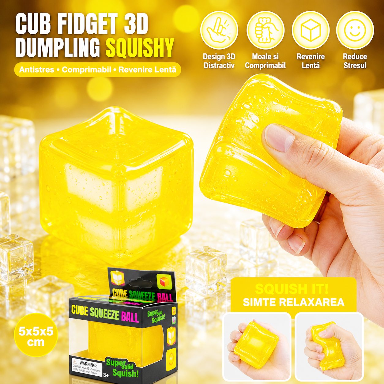 Jucarie Squishy tip Needoh in Forma de Cub, , Model Cub de Gheata Transparent, Antistres Senzoriala Comprimabila cu Revenire, 5x5x5 cm, 135 g, Galben 2
