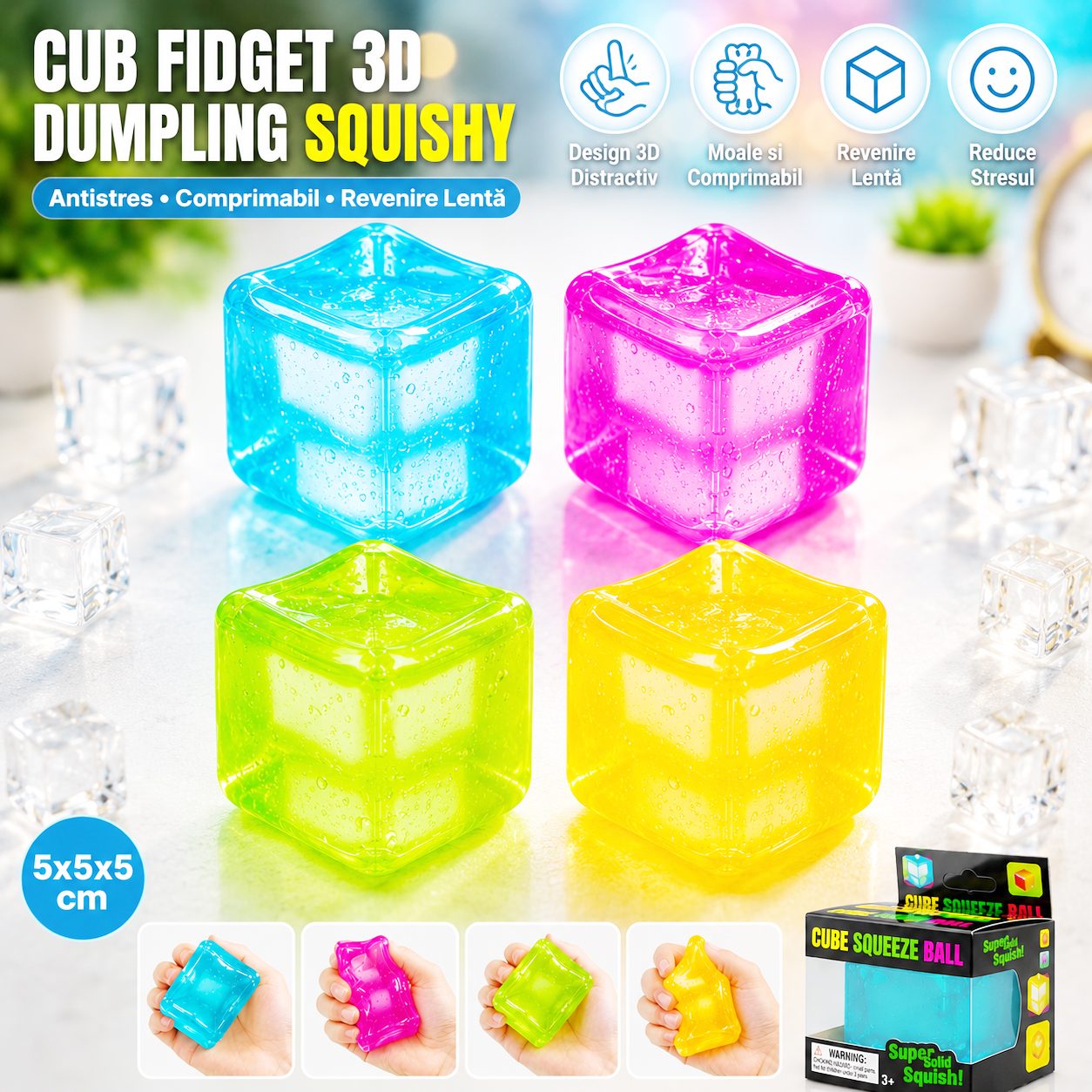 Jucarie Squishy tip Needoh in Forma de Cub, , Model Cub de Gheata Transparent, Antistres Senzoriala Comprimabila cu Revenire, 5x5x5 cm, 135 g, Galben 5