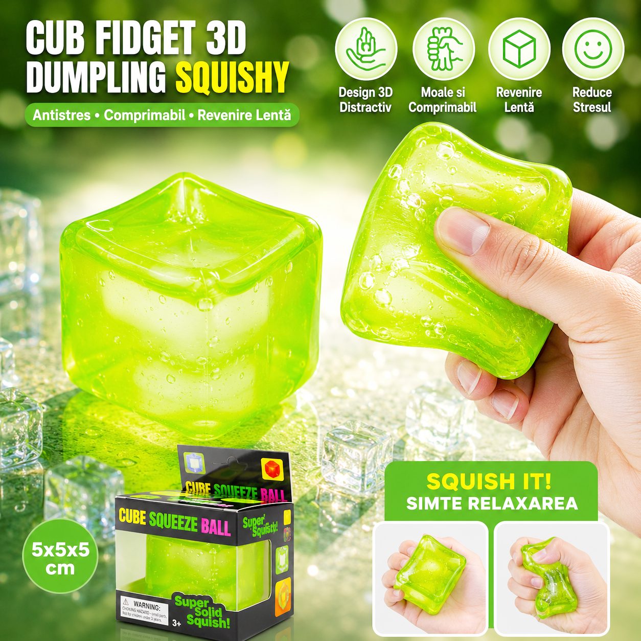 Jucarie Squishy tip Needoh in Forma de Cub, , Model Cub de Gheata Transparent, Antistres Senzoriala Comprimabila cu Revenire, 5x5x5 cm, 135 g, Verde 2