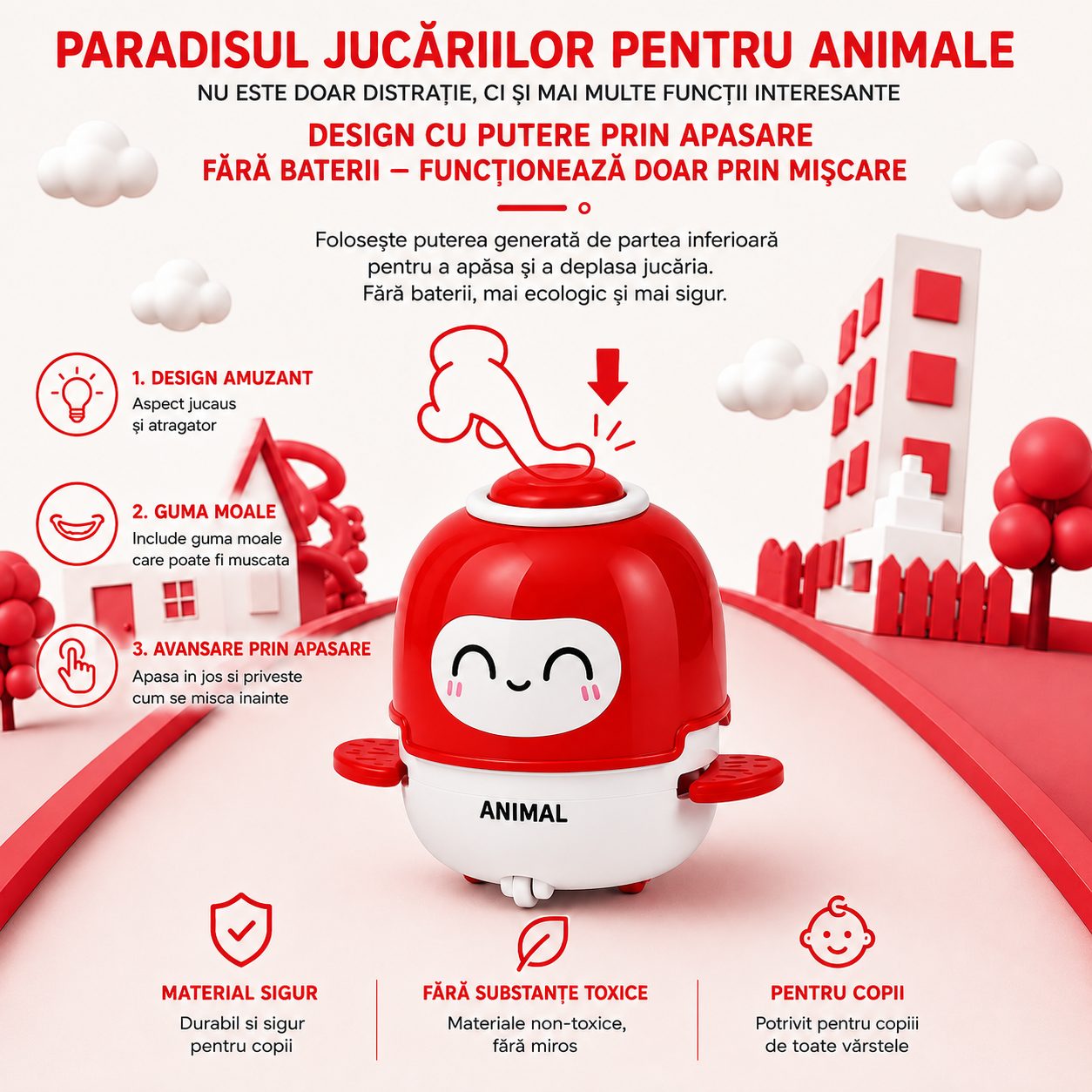 Jucarie Interactiva cu Inertie, , Model Animalut, Sunete si Lumini, pentru Copii 1-3 Ani, Rosu 3