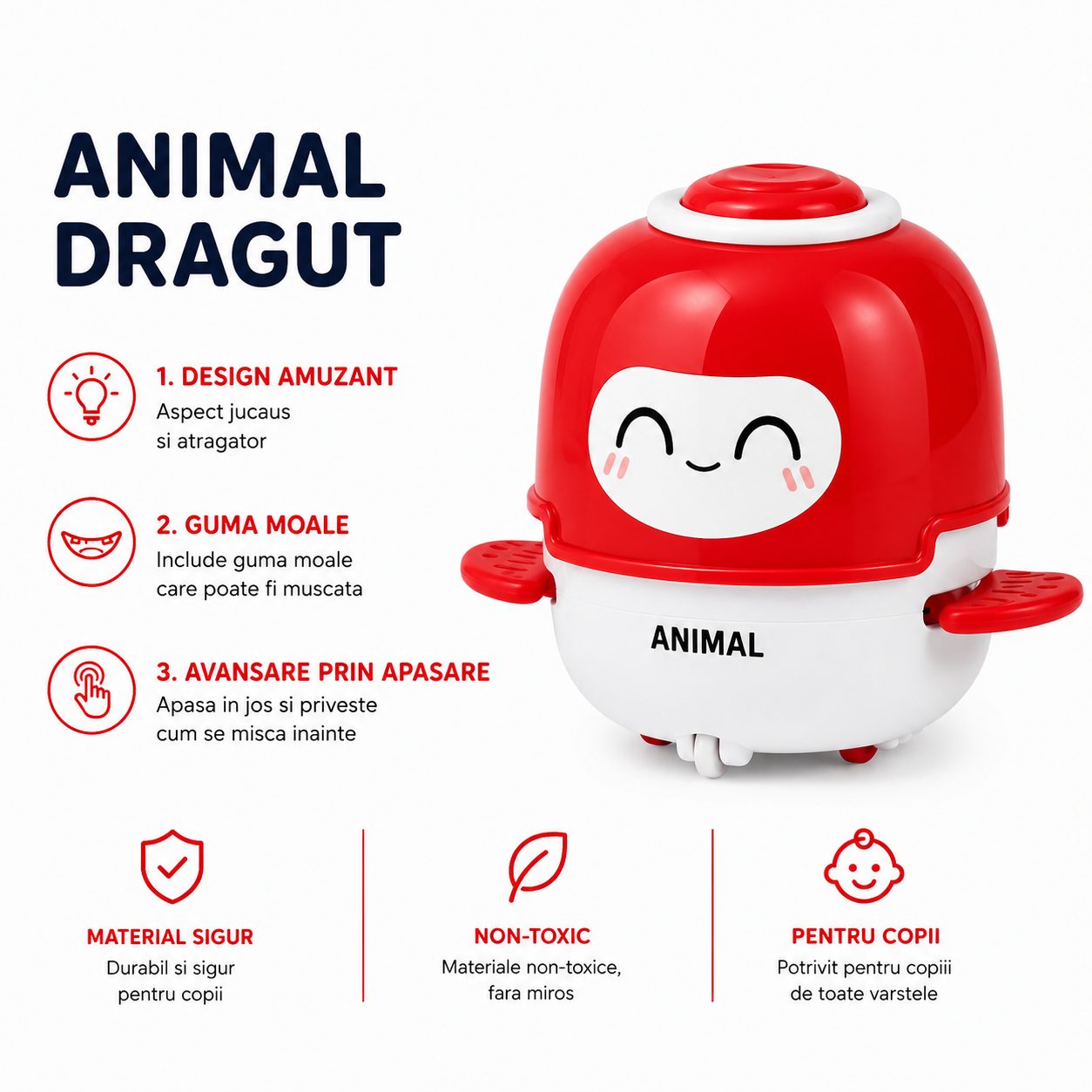 Jucarie Interactiva cu Inertie, , Model Animalut, Sunete si Lumini, pentru Copii 1-3 Ani, Rosu 2