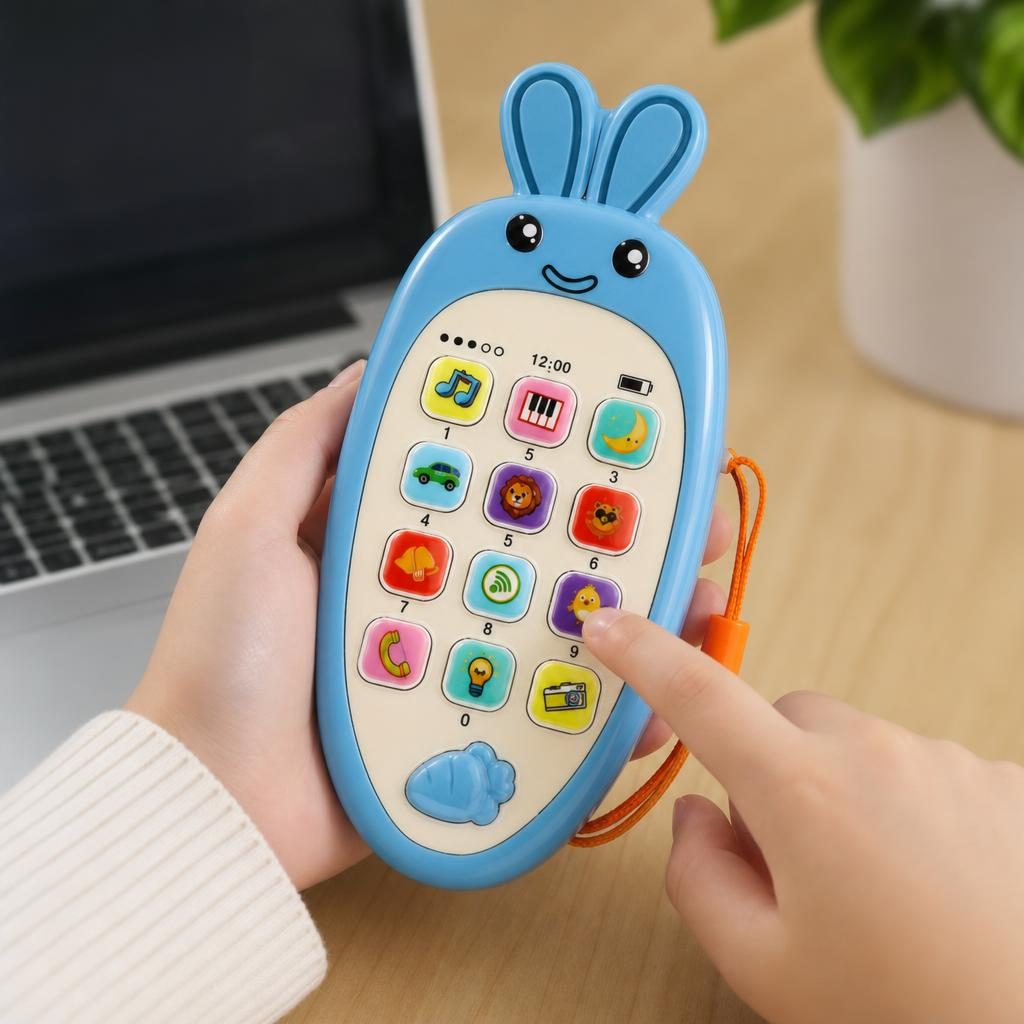 Jucarie Interactiva, Flippy, Telefon Inteligent, Model Morcov, Functii Educative, Muzicale si Voce, 4-6 ani, 19 x 11.5 cm, din Plastic, Albastru