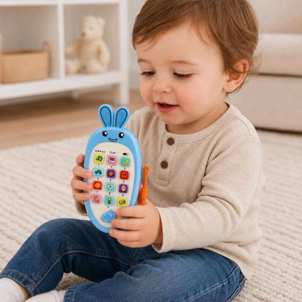 Jucarie Interactiva, Flippy, Telefon Inteligent, Model Morcov, Functii Educative, Muzicale si Voce, 4-6 ani, 19 x 11.5 cm, din Plastic, Albastru