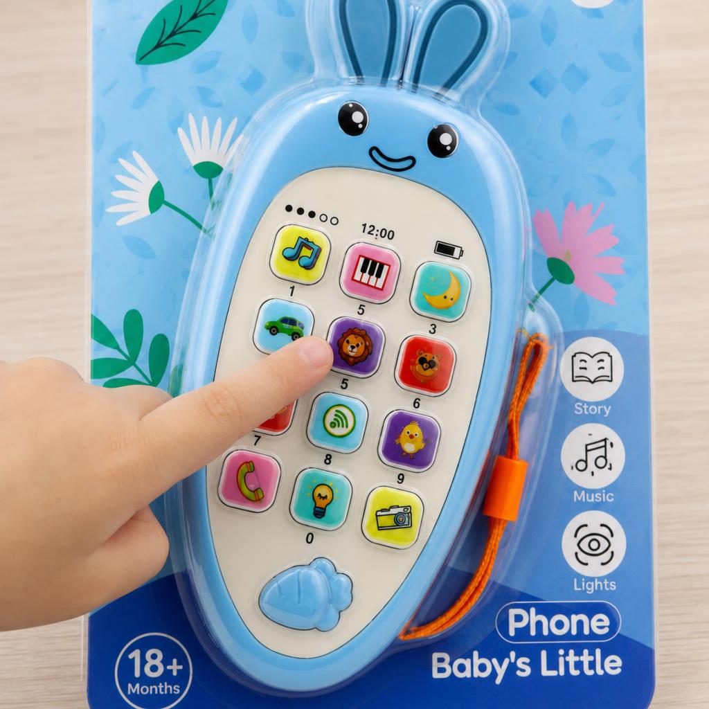 Jucarie Interactiva, Flippy, Telefon Inteligent, Model Morcov, Functii Educative, Muzicale si Voce, 4-6 ani, 19 x 11.5 cm, din Plastic, Albastru