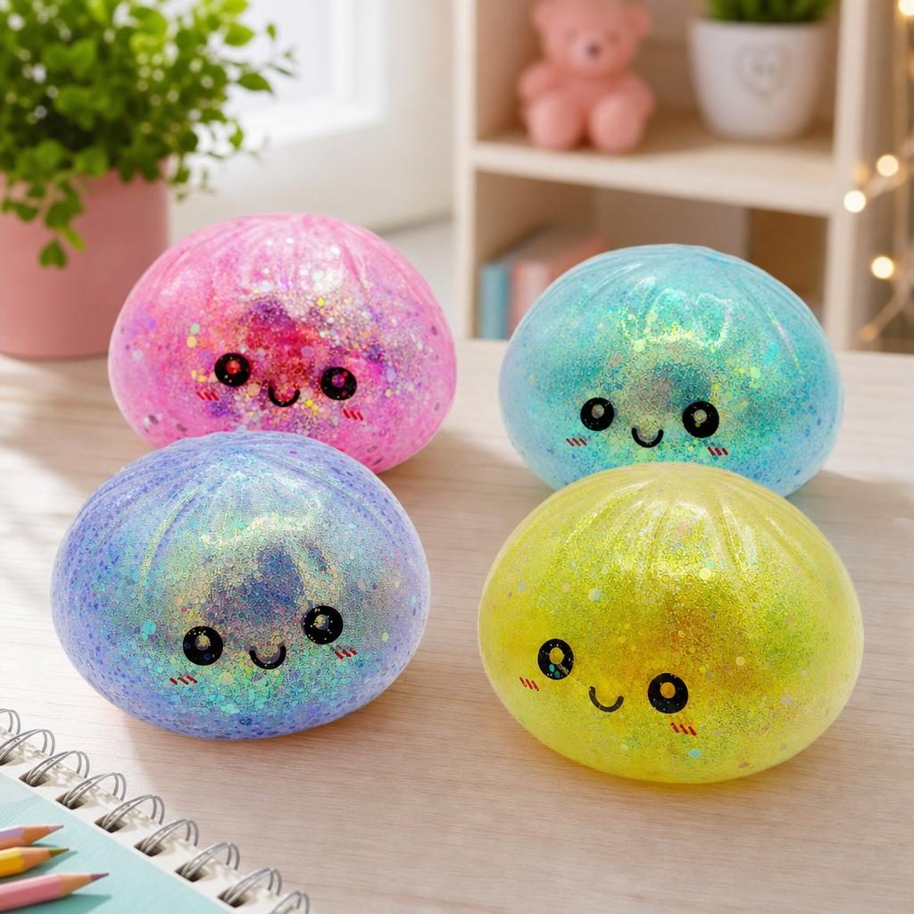 Jumbo Squishy Dumpling Antistres, , Model Fata Zambitoare din Maltoza cu Sclipici si bile de Hidrogen, Comprimabil cu Revenire Lenta, 8.5 x 8.5 x 8.5 cm, 120 gr, Culoare Surpriza Mix 2