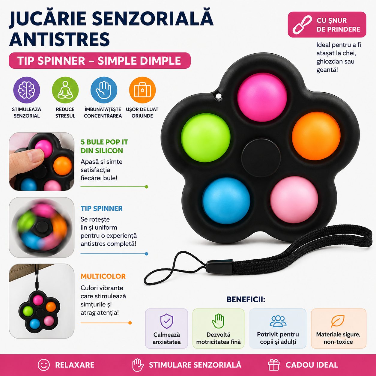 Detaliu jucarie senzoriala cu snur de prindere Simple Dimple