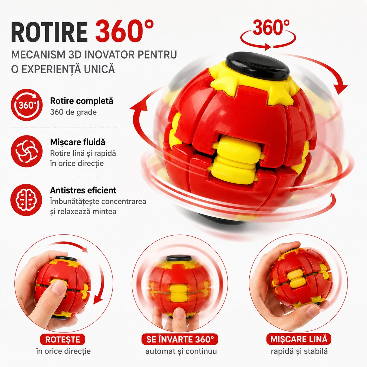 Minge Antistres Rotativa 3D, , Spinner Ball cu Apasare si Rotire, Jucarie Senzoriala pentru Relaxare si Concentrare, Design Interactiv, Rosu 5